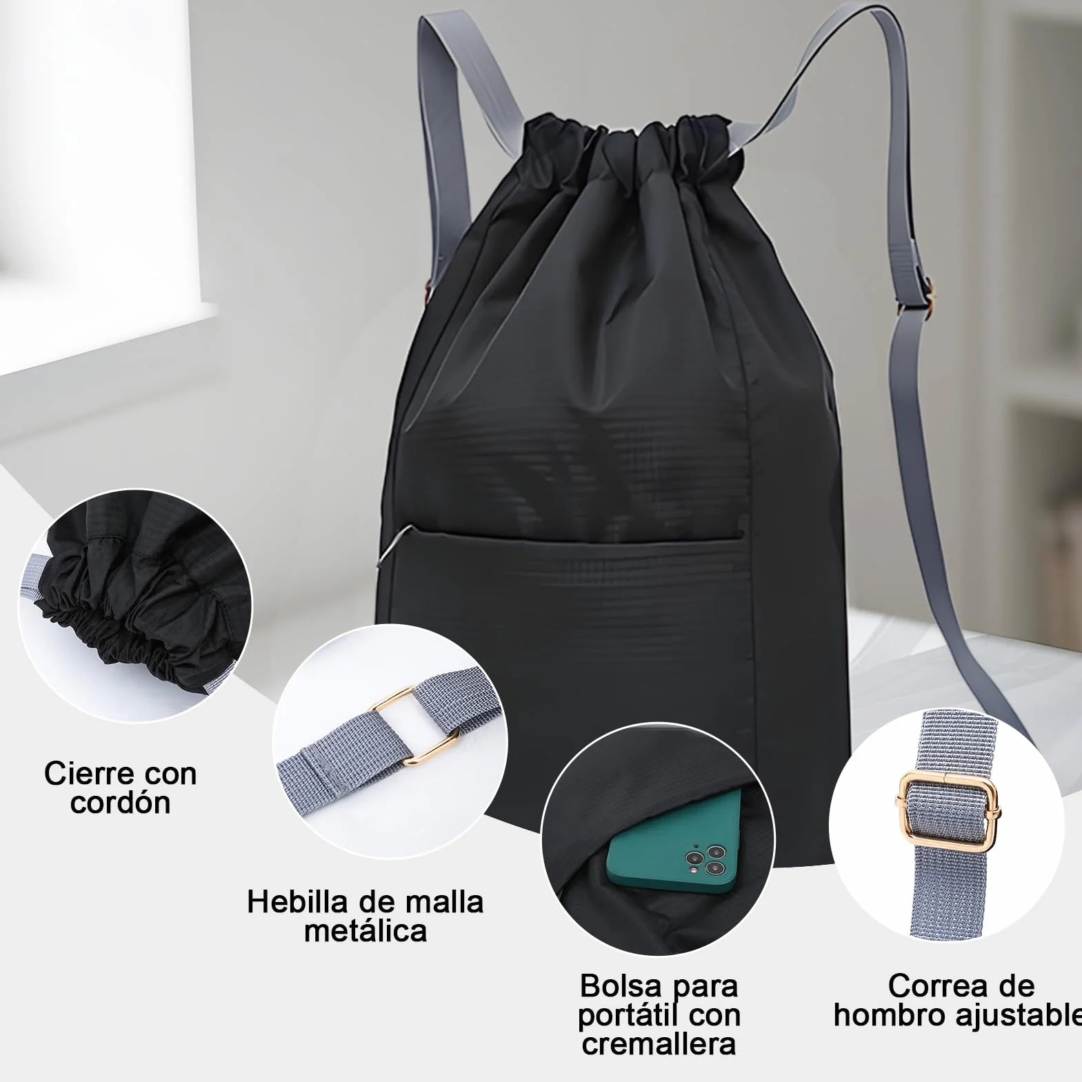 Bolsa de gimnasio impermeable con cordón, mochila plegable gran capacidad para mujer y hombre