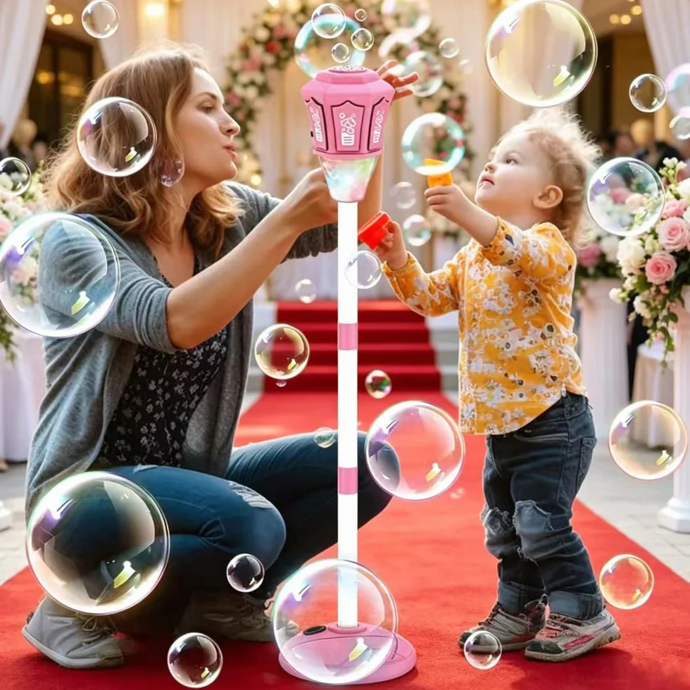 Lámpara de Jardín Bubble Torch con Luz y Música,Altura Regulable 52-115 cm,Máquina de Burbujas Recargable para Exteriores con Mando a Distancia para jardín (Rosa)