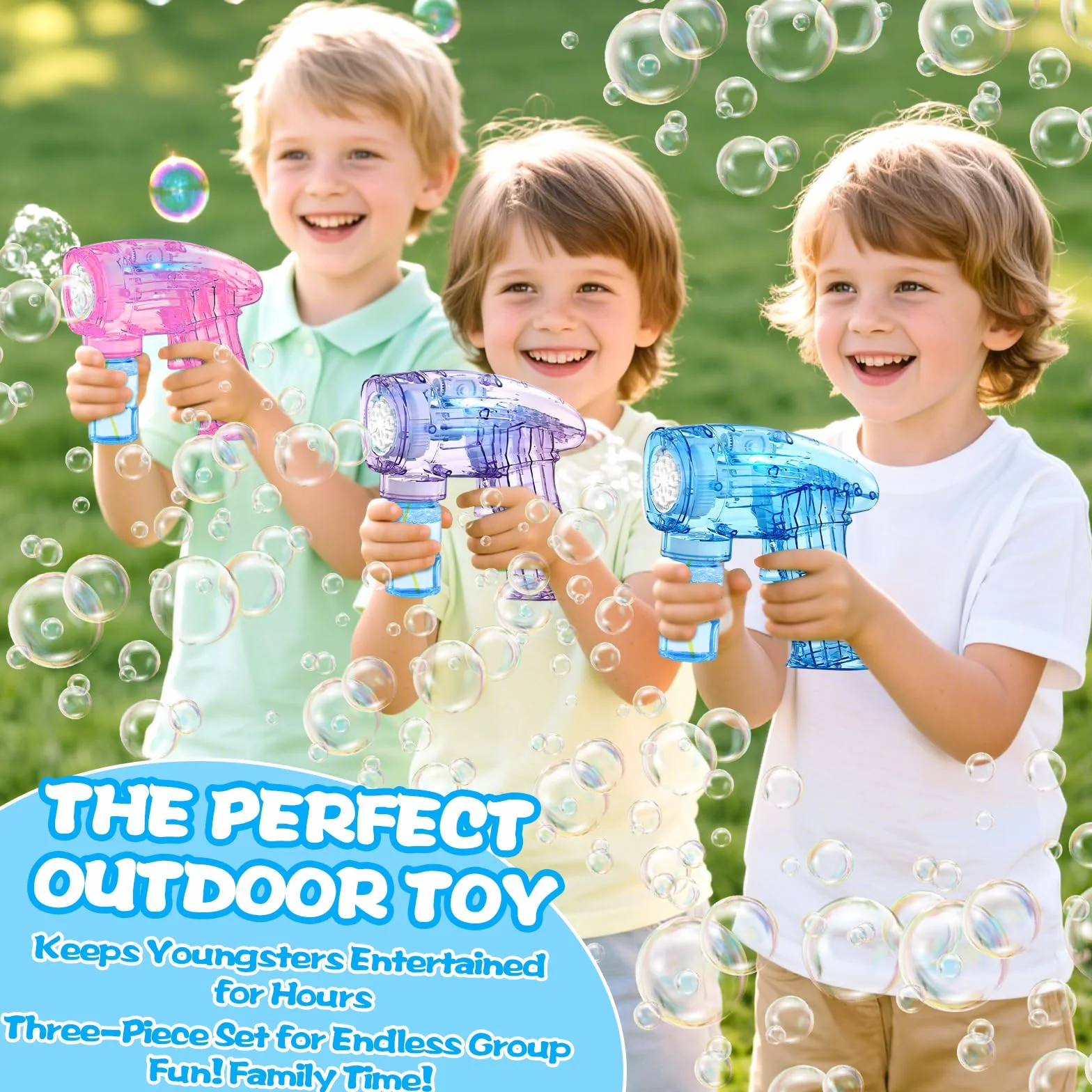3 Pistola Pistola Burbujas, Pistola De Burbujas para Niños, con 6 Botellas, 3 Bolsas, Solución, Bubble Machine para Juguete De Verano, Actividad Al Aire Libre, Regalos De Fiesta