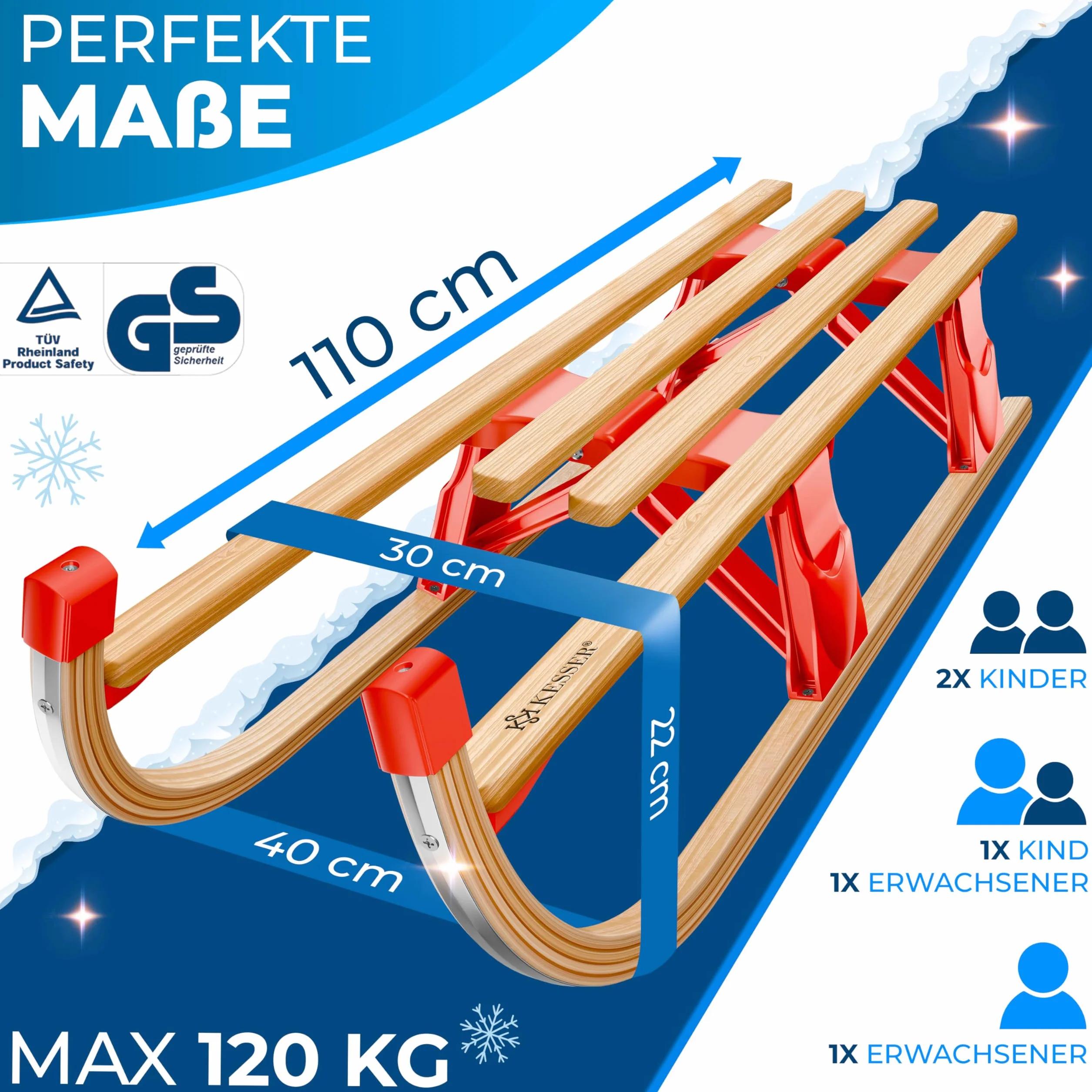 KESSER® Trineo de Madera Premium, Trineo Plegable para niños, Trineo de Madera de Haya Plegable para niños con Cuerda de Arrastre y Cuchillas de Metal.