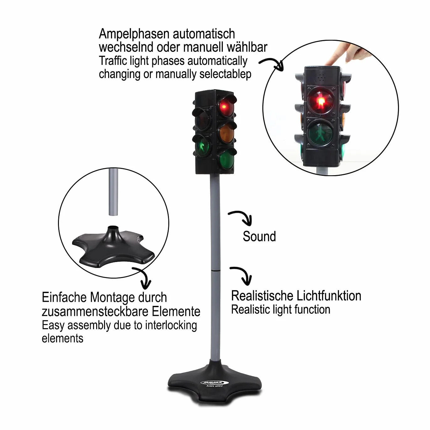 Jamara 460256 - Semáforo Grand - Semáforo con función de iluminación Realista, Fases automáticas o manuales