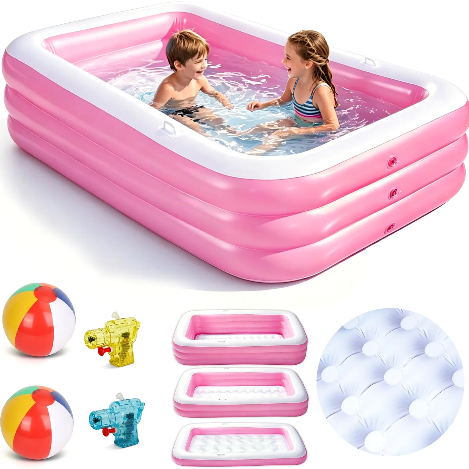 Piscina Hinchable Niños, Piscina Infantil Rectangular con 2 Pelotas de Playa y 2 Mini Pistolas de Agua, Piscine de Verano para Jardín, Exterior y Fiestas de Verano (Rosa)