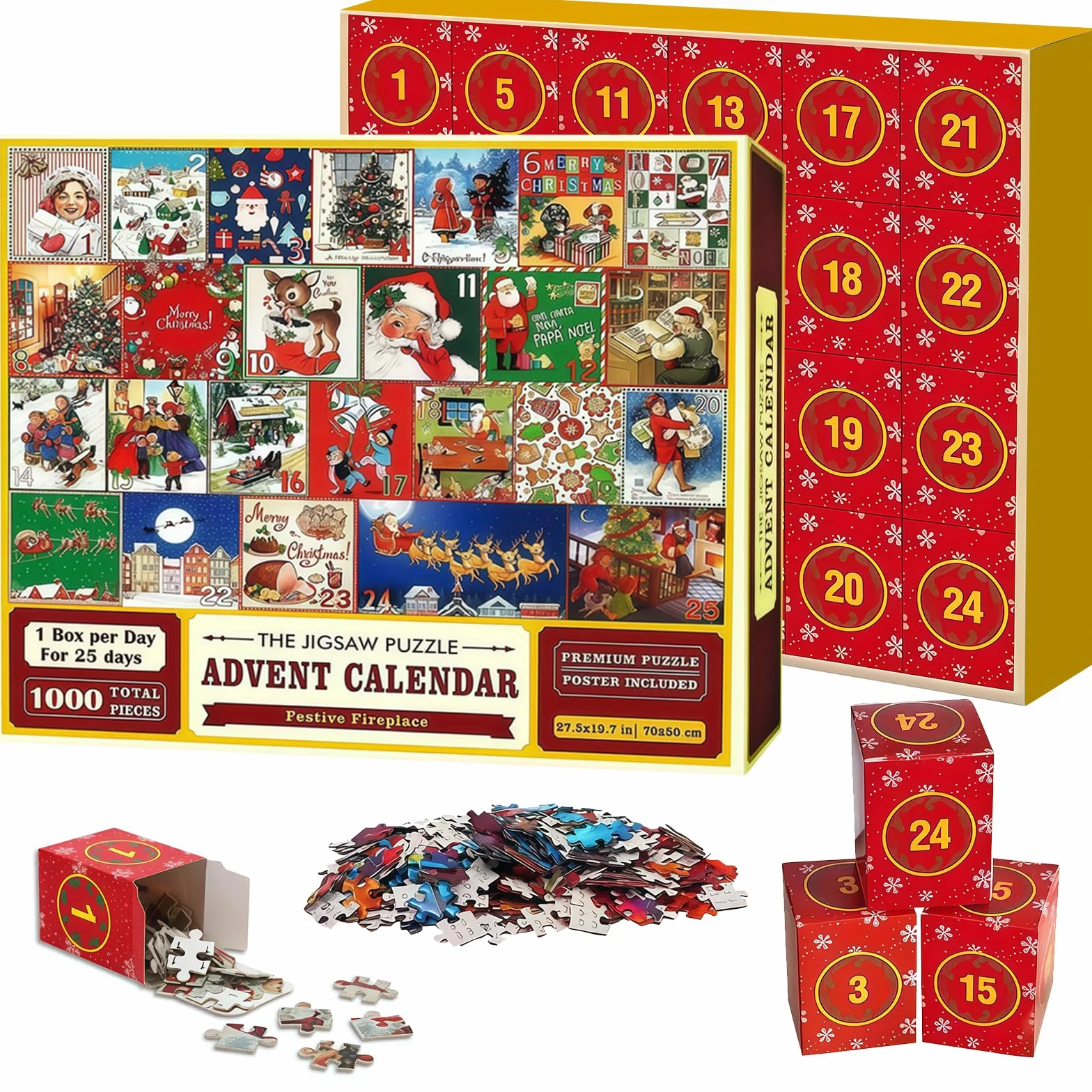Calendario Adviento, Puzzle Navidad 1000 Piezas con 24 Cajas Sorpresa - Juego Interactivo Calendario Adviento Educativo y Divertido para Niños y Niñas Como Regalo Familiar