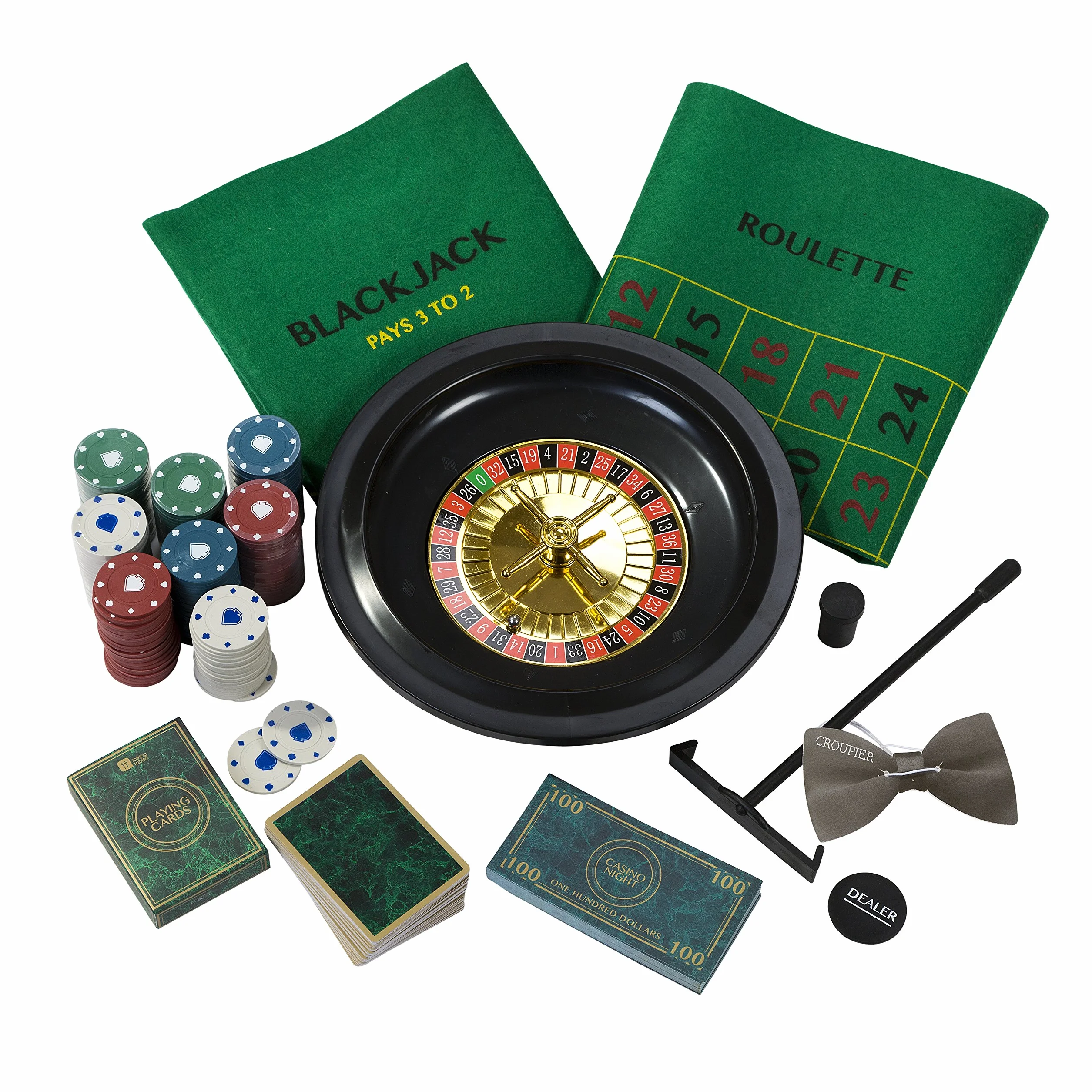 Talking Tables Kit de Casino Noche Poker, Blackjack, Ruleta | Tapete, Fichas, Dinero, Bolas, Cartas, Stick Crupier | Regalo para Adultos