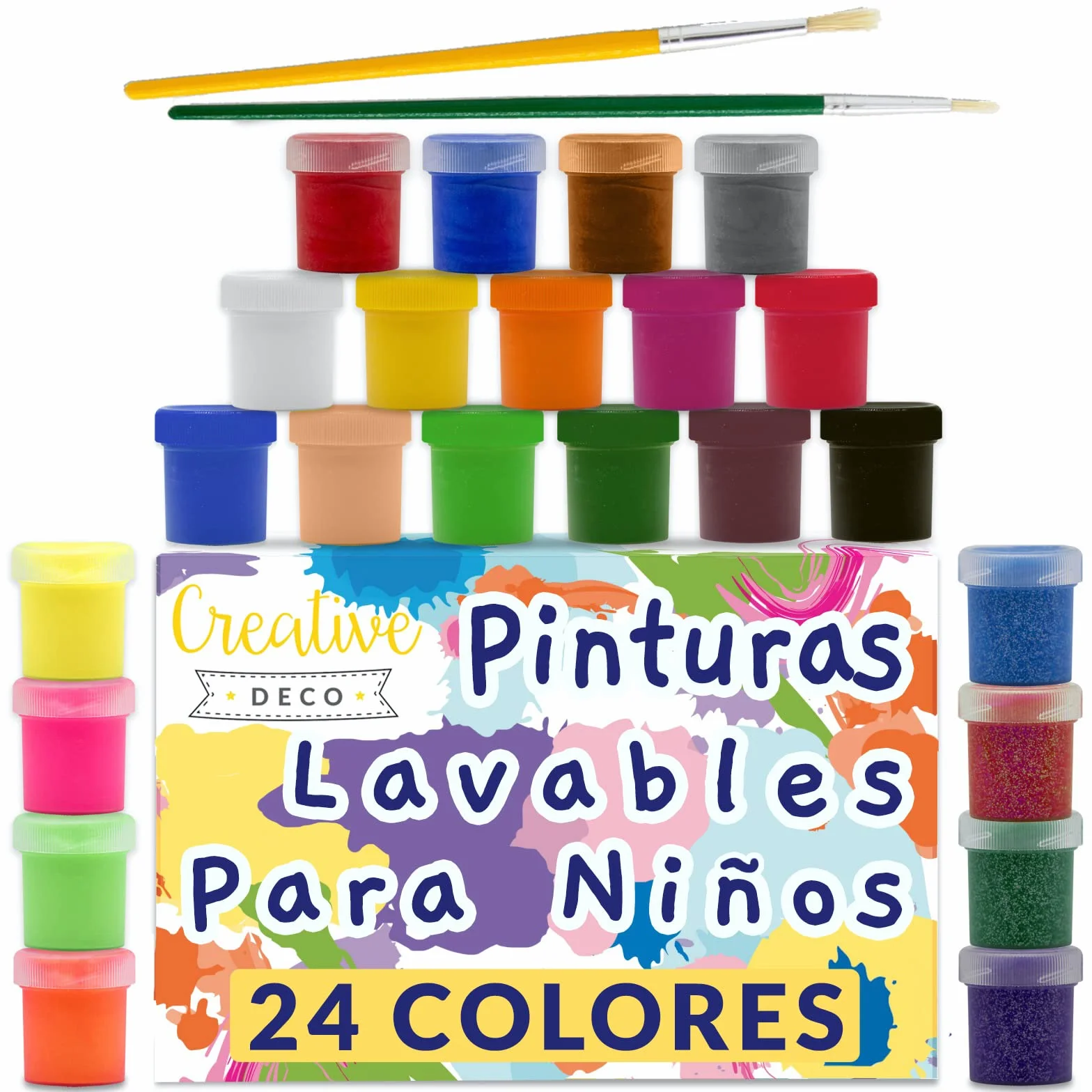 Creative DECO Temperas para Niños Lavable Pintura Dedos Bebes | 24 x 20 ml Botes | No Tóxica | Colores Básicos Fluorescentes Brillantes Metálicos y Neón | para Principiantes y Artistas Navidad