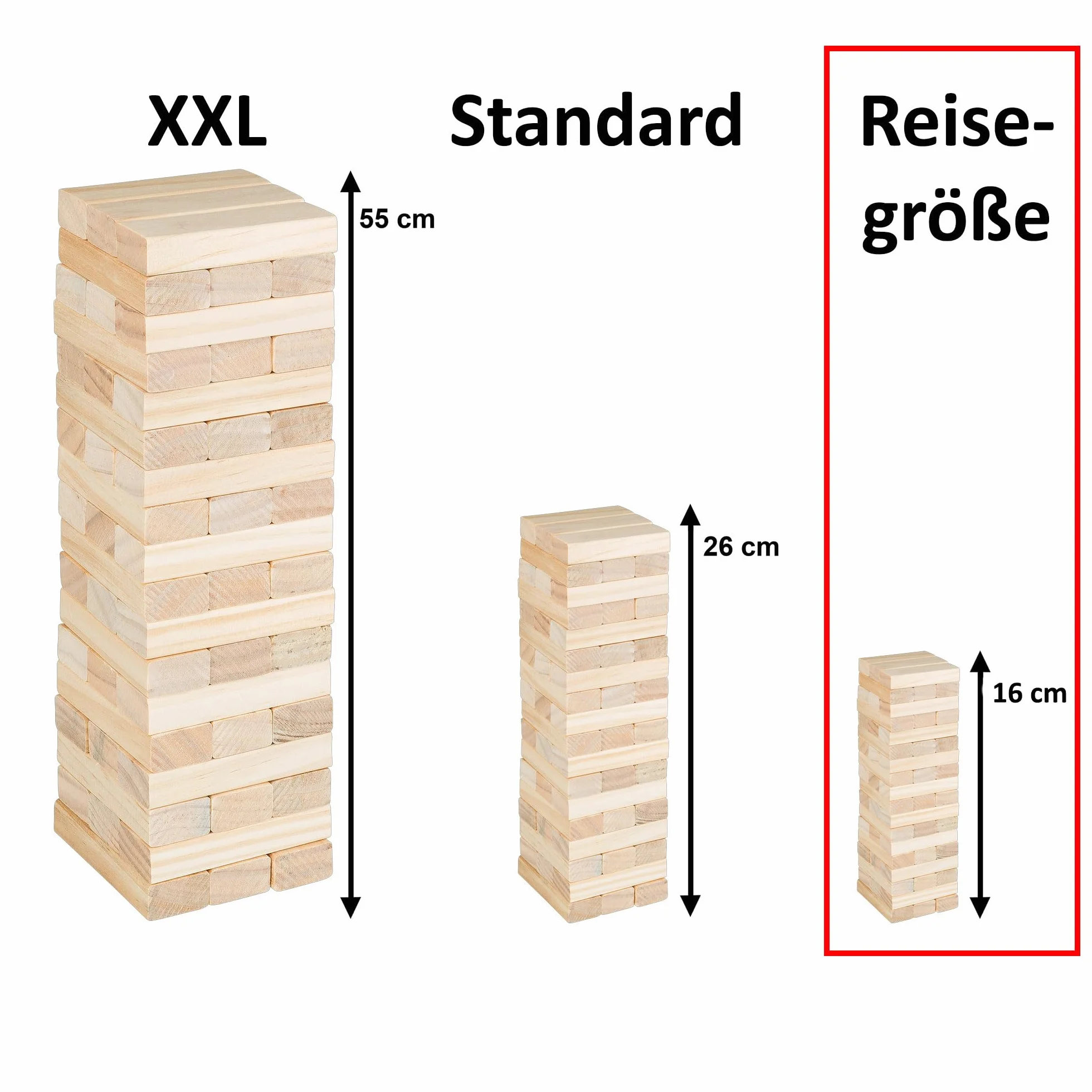 Idena 40088-Juego de Viaje Wackelturm Juego de Habilidad 54 Bloques de construcción y Bolsa de Almacenamiento, Aprox. 4.8 x 4.8 x 14.4 cm Torre apilable Grande, Color Madera Berlin 40088