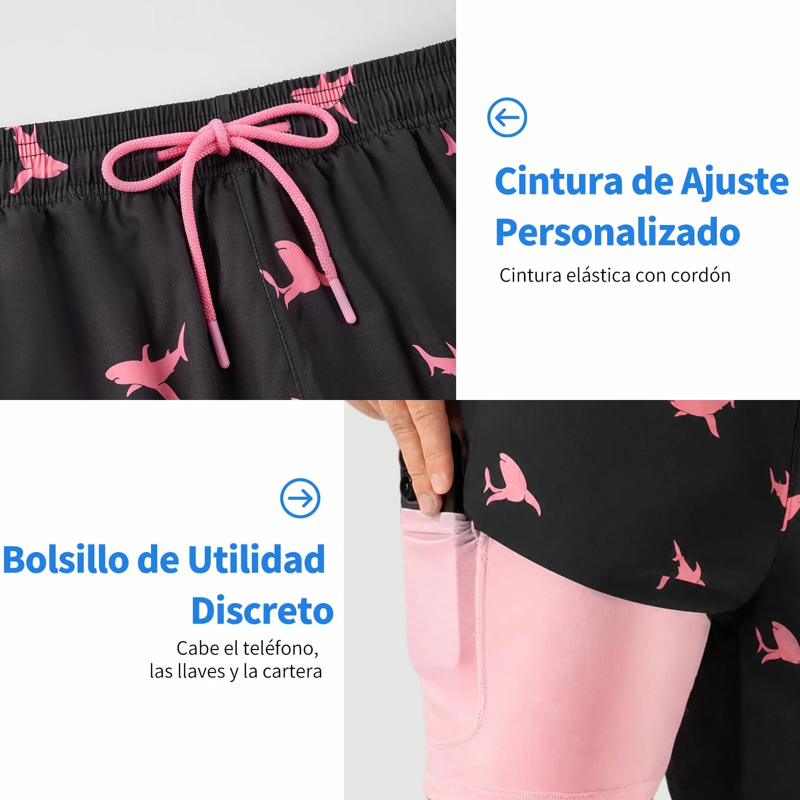 Bañador Hombre Corto 2 en 1 con Forro de Compresión Secado Rápido Impermeable Bolsillos Cremallera Short Playa Surf