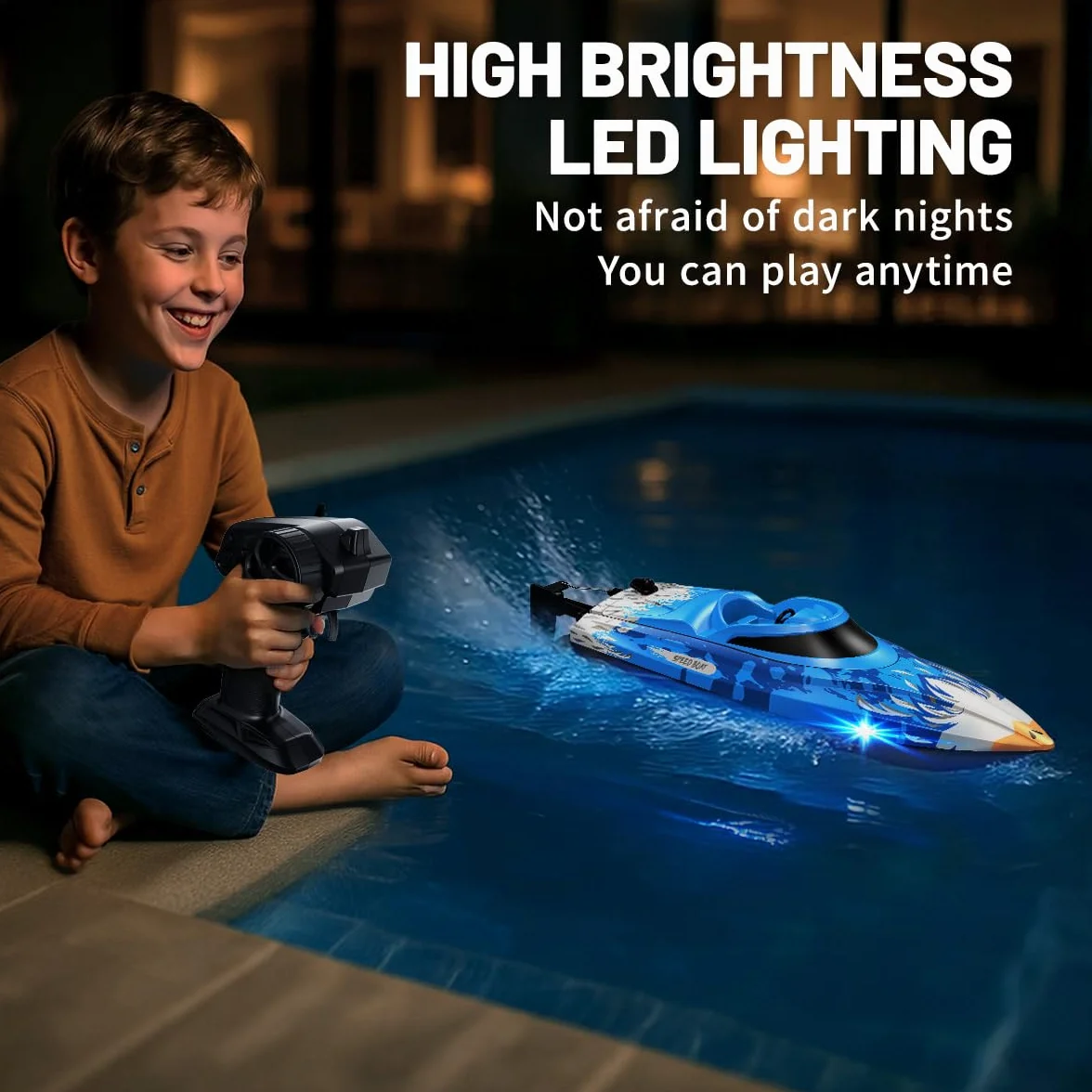 Barco teledirigido RC 25 km/h, impermeable con mando 2.4GHz, refrigeración por agua, luz LED, función Flip automática, alarma de batería y distancia, 2 baterías, para niños y adultos, piscina y lago