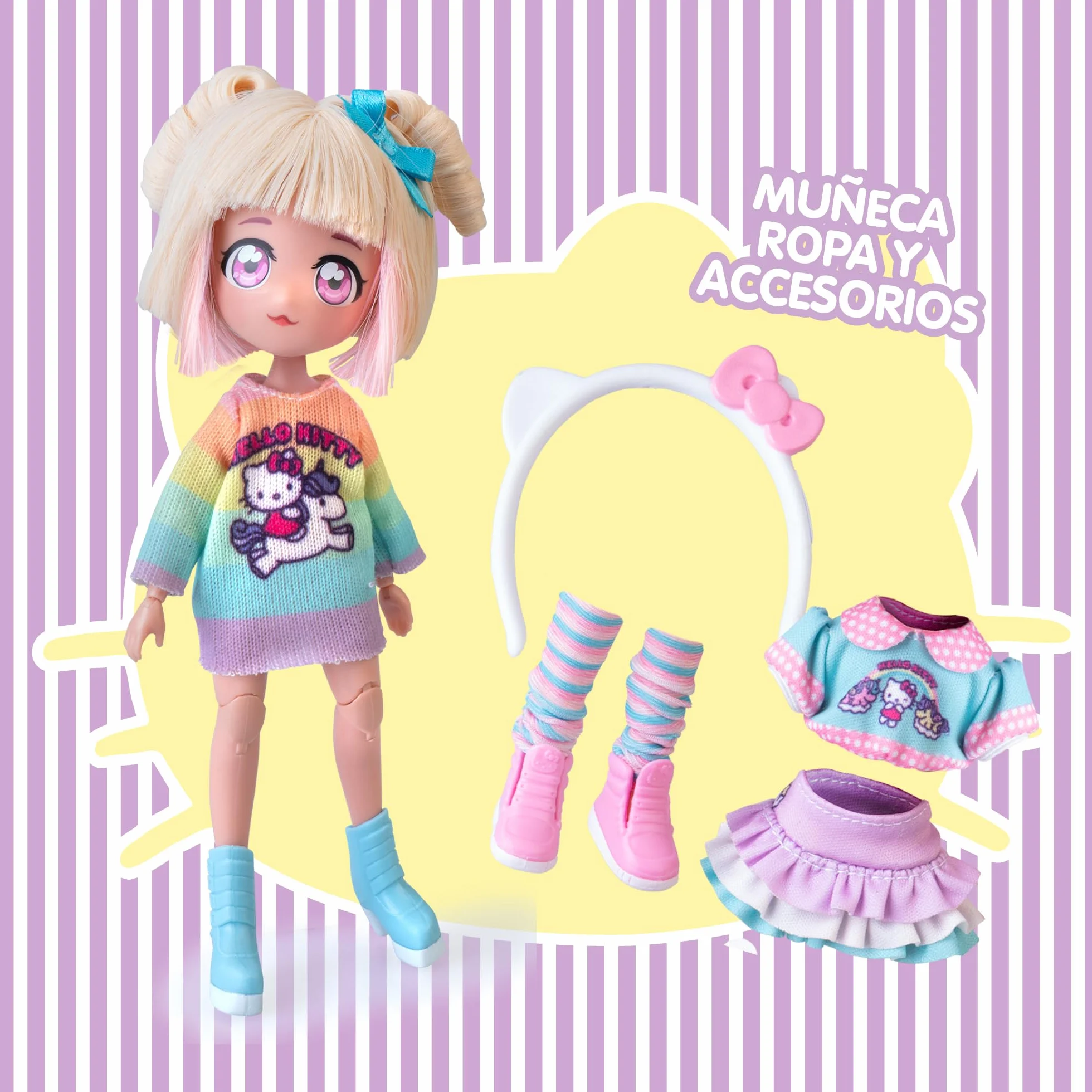 4SF - Hello Kitty Manga Fashion Unicorns, Muñeca Fashion Japonesa, Figura de 19,5 cm con 15 Puntos de Articulación, Incluye Falda Ra-Ra, Calentadores y Diadema con Orejas, Famosa (HKTF2000)