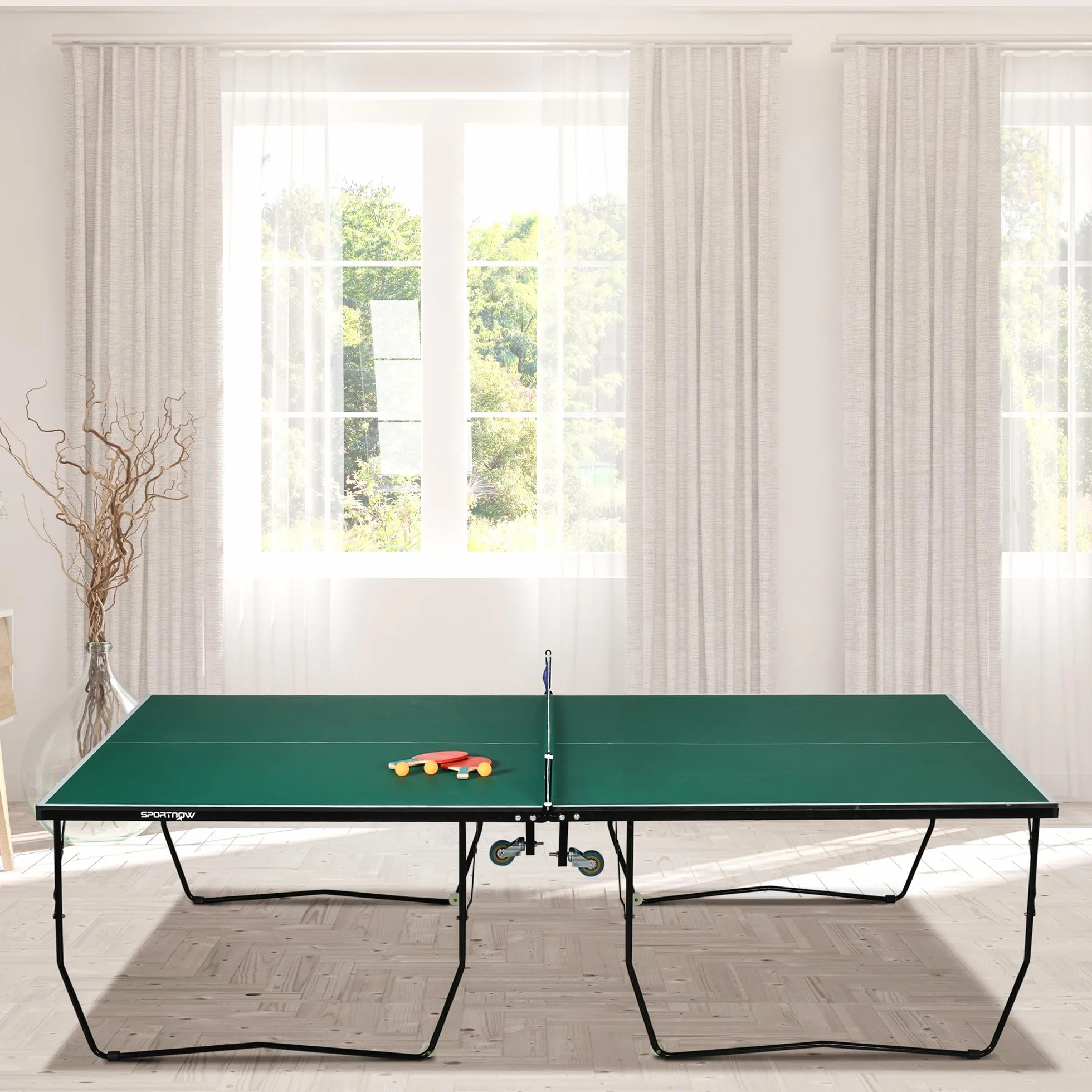 SPORTNOW Mesa de Ping Pong Plegable Profesional Tamaño Estándar con Red Paletas 3 Pelotas 274x152,5x76 cm Verde