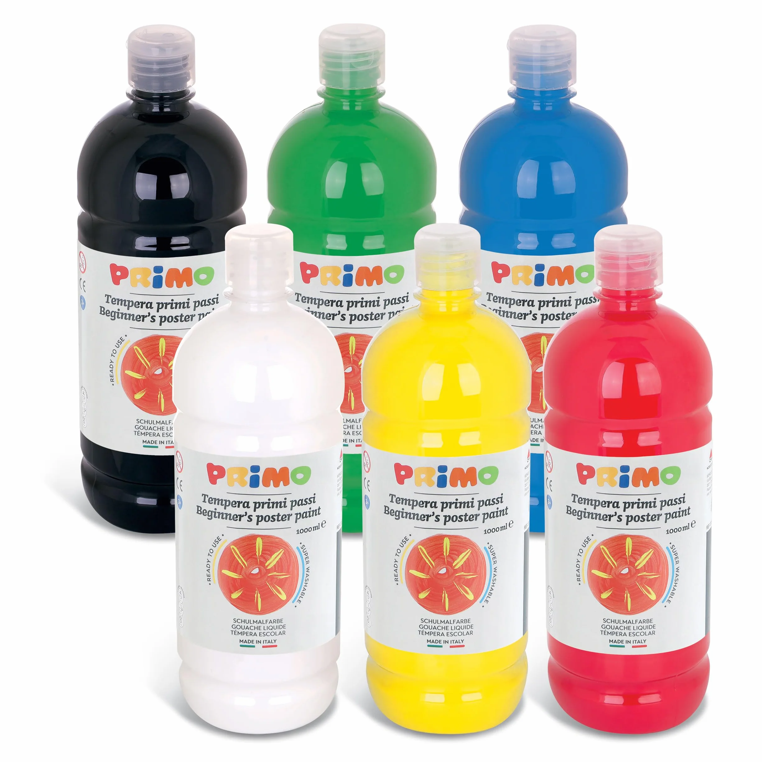 PRIMO - Témperas para Niños +3 Años Lavables, 6 Colores para Pintar de 1L con Dosificador Ideal para Papel, Tela, Cristal y Otras Superficies, Manualidades Creativas y Material Escolar, Made in Italy