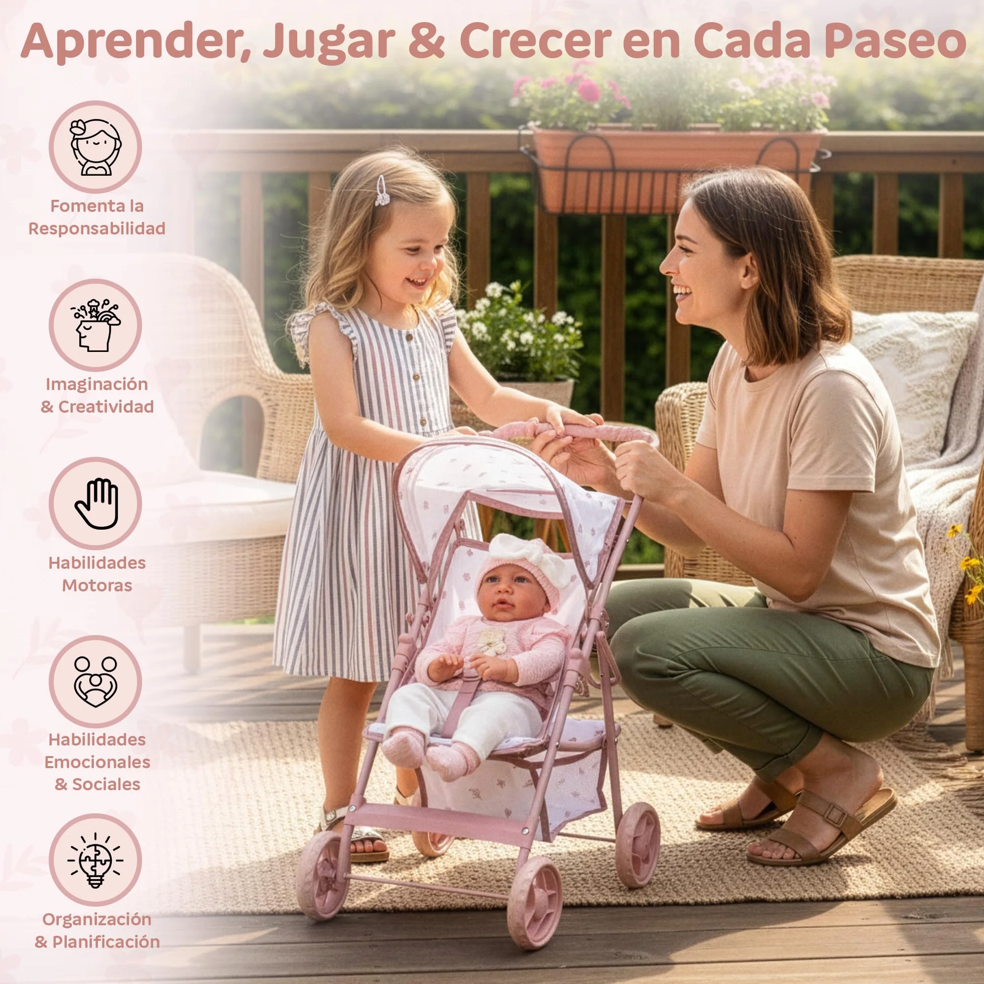 Kinderplay Cochecito de muñecas a Partir de 3 años: Cochecito Plegable Ligero para niñas con Ruedas EVA, cinturón y Visera – Cochecito de Juguete Rosa para muñecas