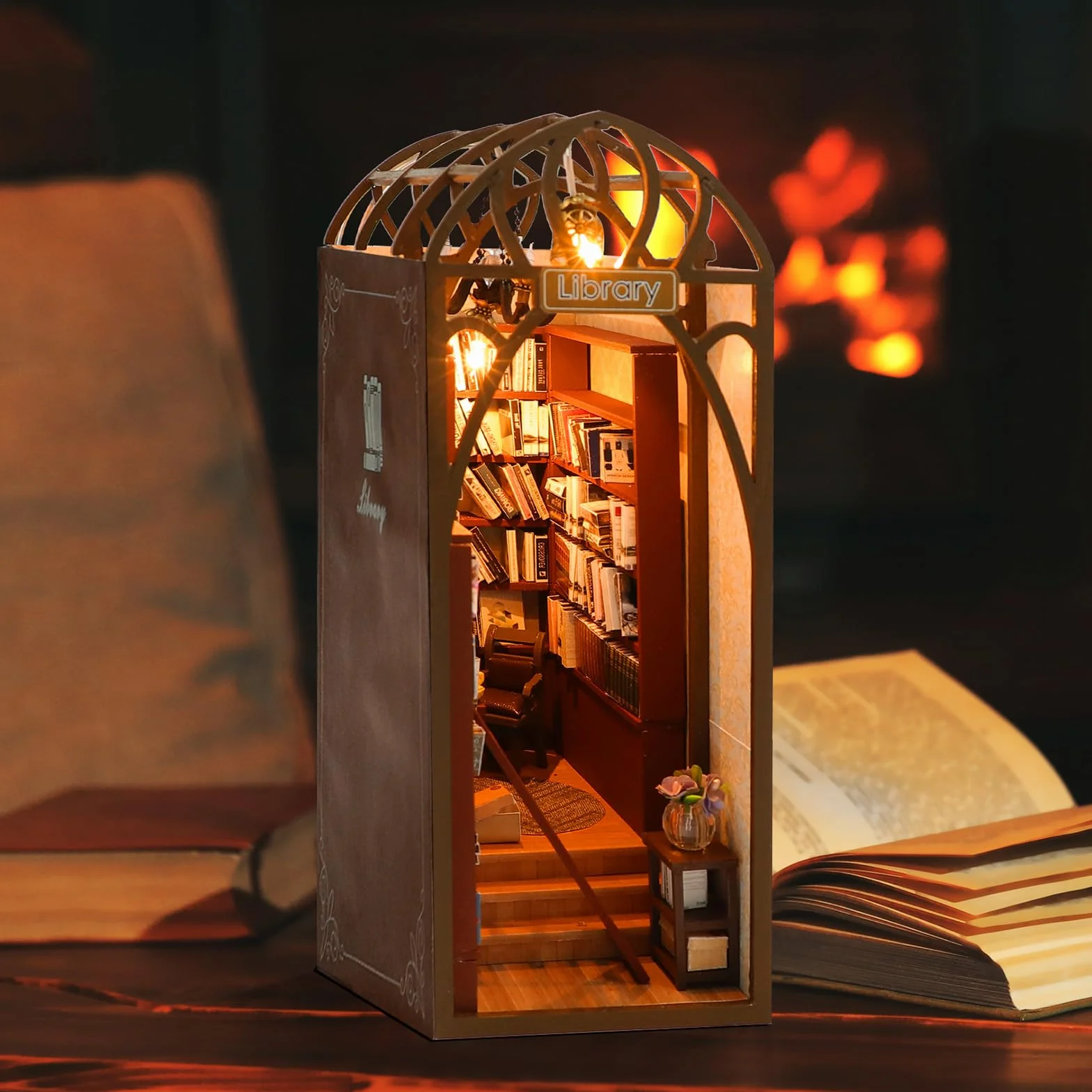 Cuteefun DIY Book Nook Kit, DIY Mini Casa de Muñecas, Libro de Madera Nook Traje de Casa de Muñecas para Adultos Hacer Cumpleaños (Biblioteca)