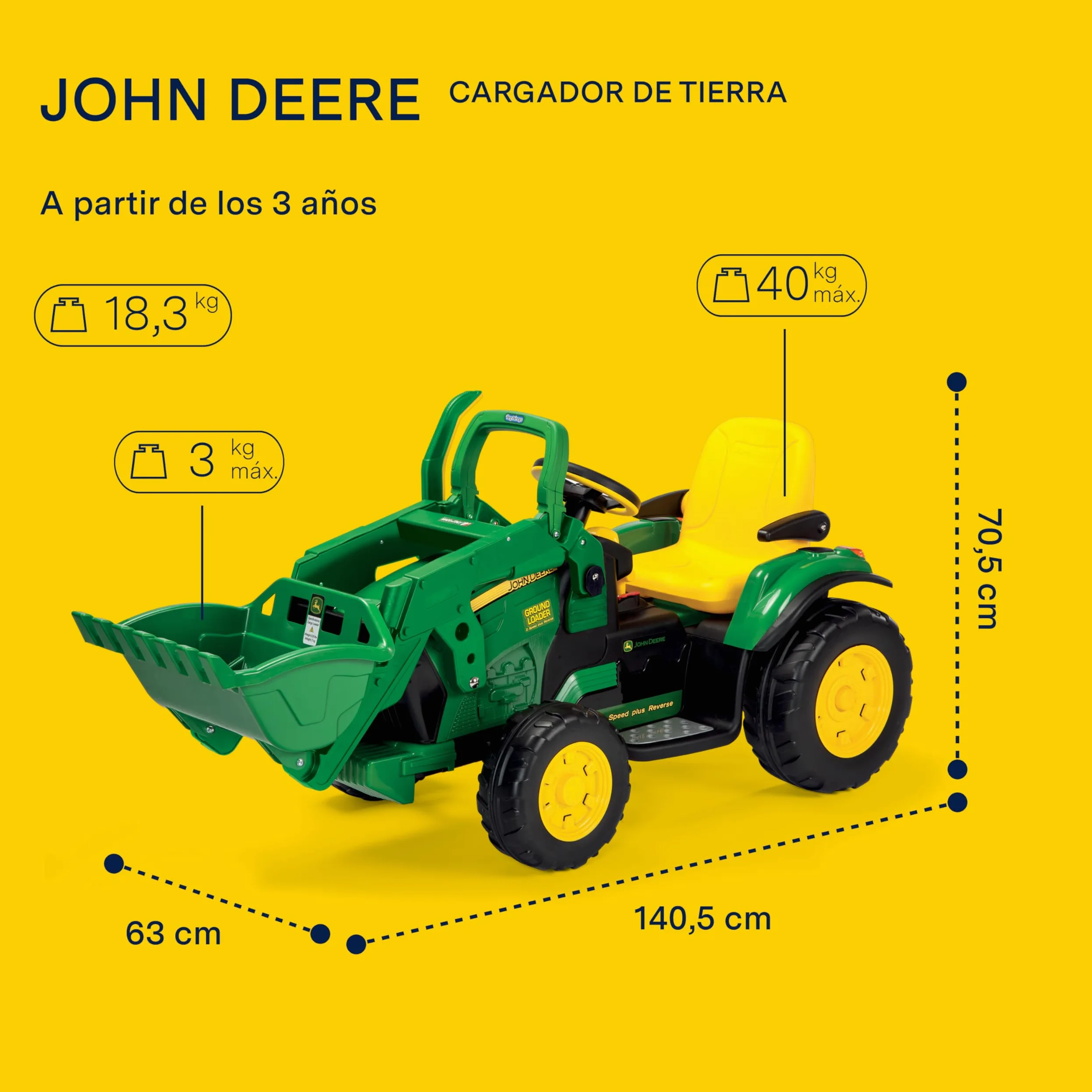 Peg John Deere Ground Loader Tractor Eléctrico Montable para Niños 3+ Años con Batería Recargable 12V, Radio FM y Pala Delantera Funcional
