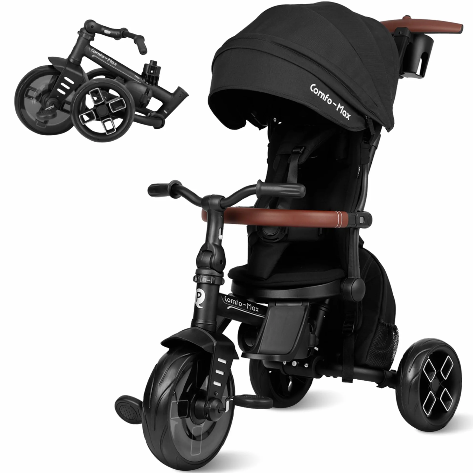 Qplay Triciclo Evolutivo COMFO MAX 6 en 1 Negro | Triciclo Bebe 1 Año Plegable de Aluminio con Asiento 360º, Reclinable y Capota – para Bebés de 10 a 72 Meses (Negro)