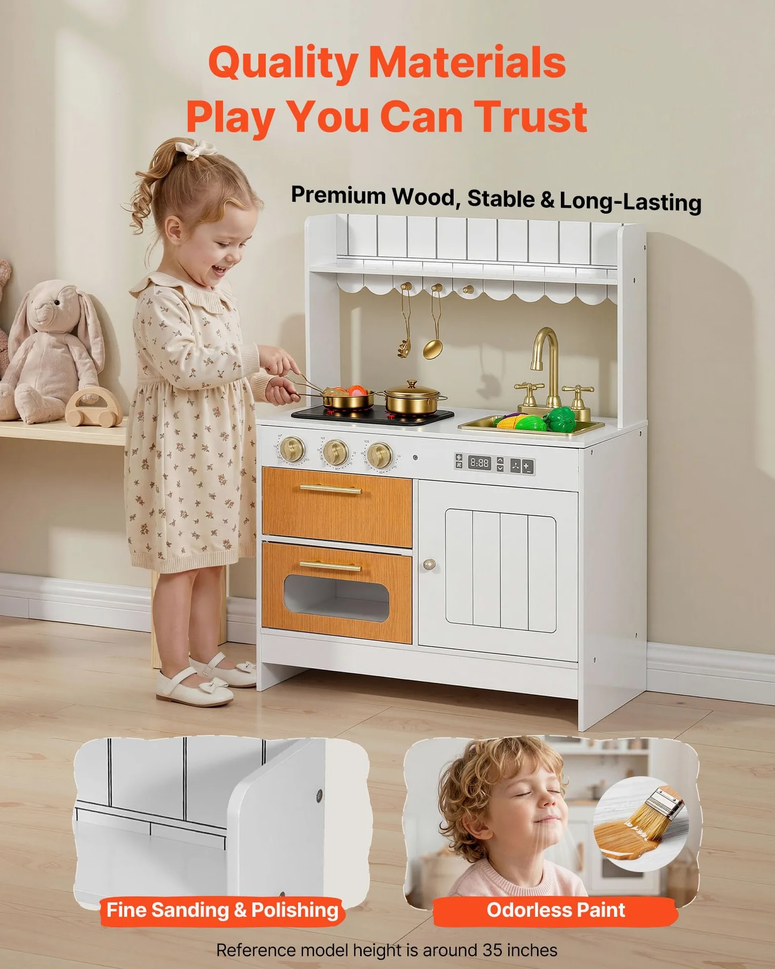VEVOR Cocina de Juguete para Niños de 3 a 8 Años, Cocinita Infantil de Madera con Luces y Sonidos, Zonas Interactivas, Juego de Cocina con Almacenamiento, Microondas, Fregadero, Accesorios, Blanco