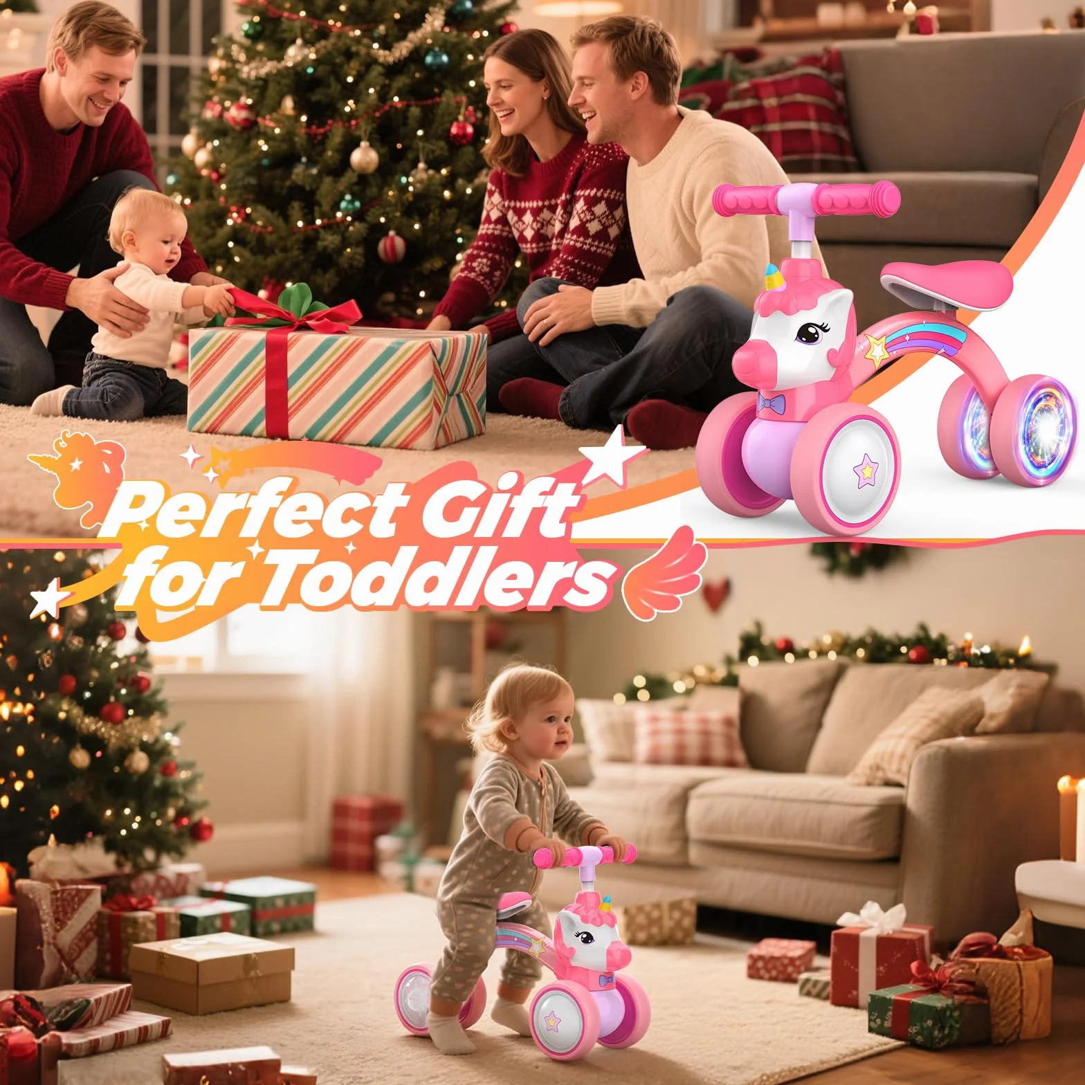 Correpasillos Unicornio de 4 Ruedas para Niños 1-2 Años con Luz LED Trasera, 25kg Capacidad, Regalo Ideal para Cumpleaños y Navidad, Juguete Seguro para Aprender a Equilibrarse (Rosa)