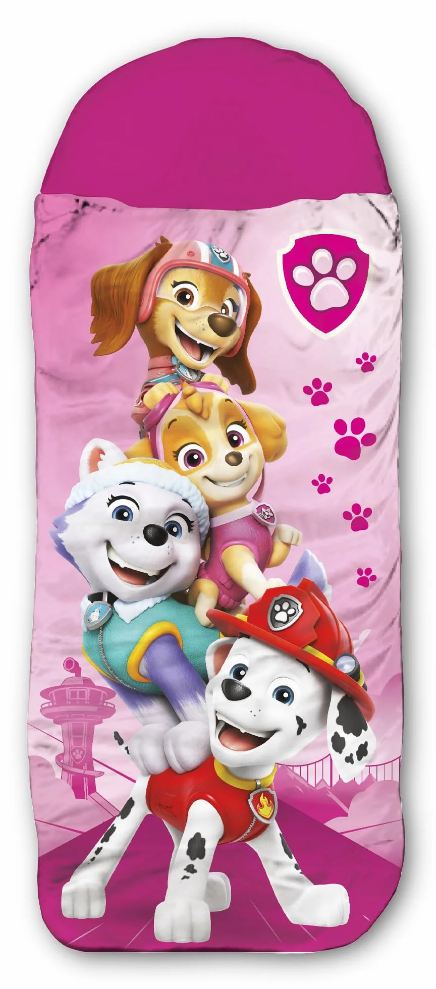 Saco de dormir infantil Paw Patrol – Rosa 140 cm + 30 cm (capucha) x 70 cm ideal para exteriores/interiores con Skye, Everest, Liberty, Marshall, saco de dormir momia para niñas y niños con cremallera