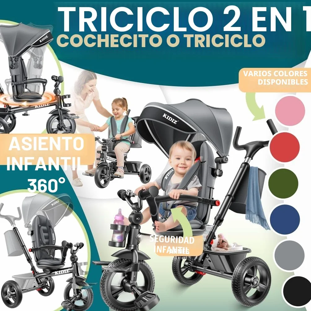 KIDIZ® Triciclo 5 en 1 para niños con barra de empuje sistema de dirección, barra para niños de 1 año, funciona en ambos sentidos: adelante e inverso, bolsa, cesta, soporte de la bebida
