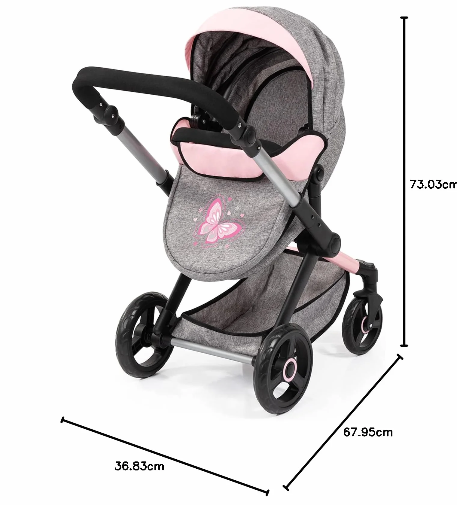 Bayer Design 17033AA Cochecito de muñeca Combi Xeo, Carro para muñecos, Bolsa, Convertible, Regulable en Altura