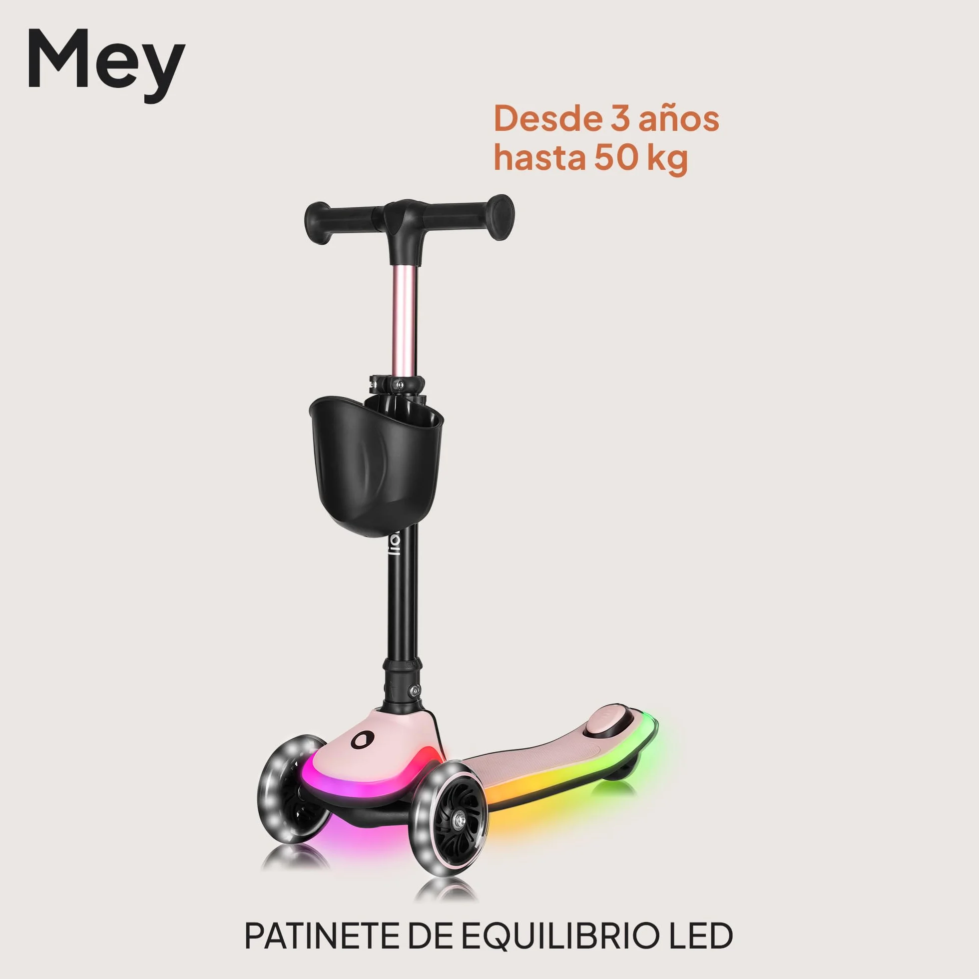 LIONELO MEY Patinete de Equilibrio para Niños Desde 3 años hasta 50 kg, Scooter Infantil Patinete de 3 Ruedas con Ajuste de Altura, Plataforma Antideslizante Iluminada y Ruedas LED, Cesta