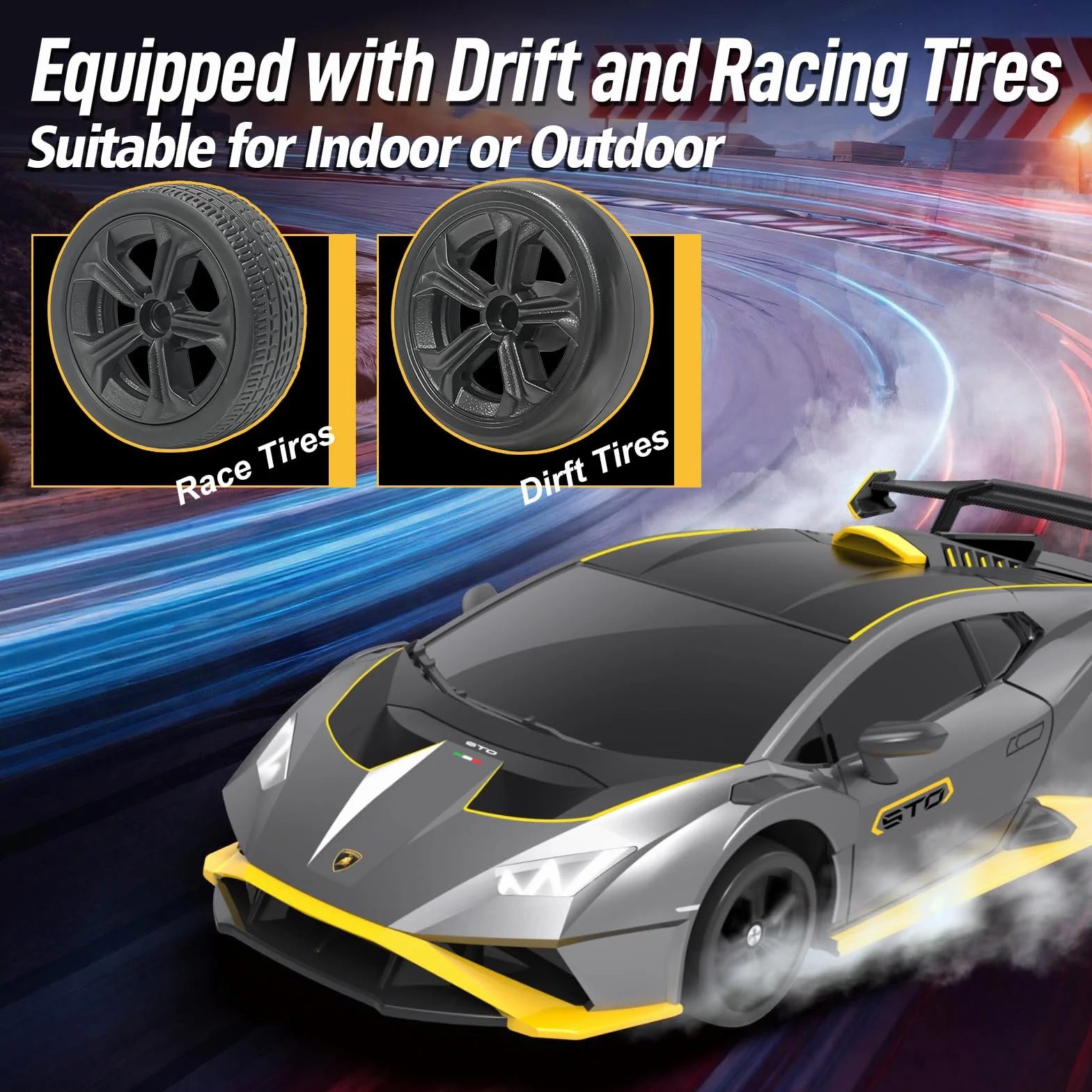 YONCHER Coche Teledirigido, 1:24 20KM/H RC Drift Coche, Lamborghini con Licencia Oficial, 2.4GHz 4WD Drift RC Car con Luces,para Niñas Adultos