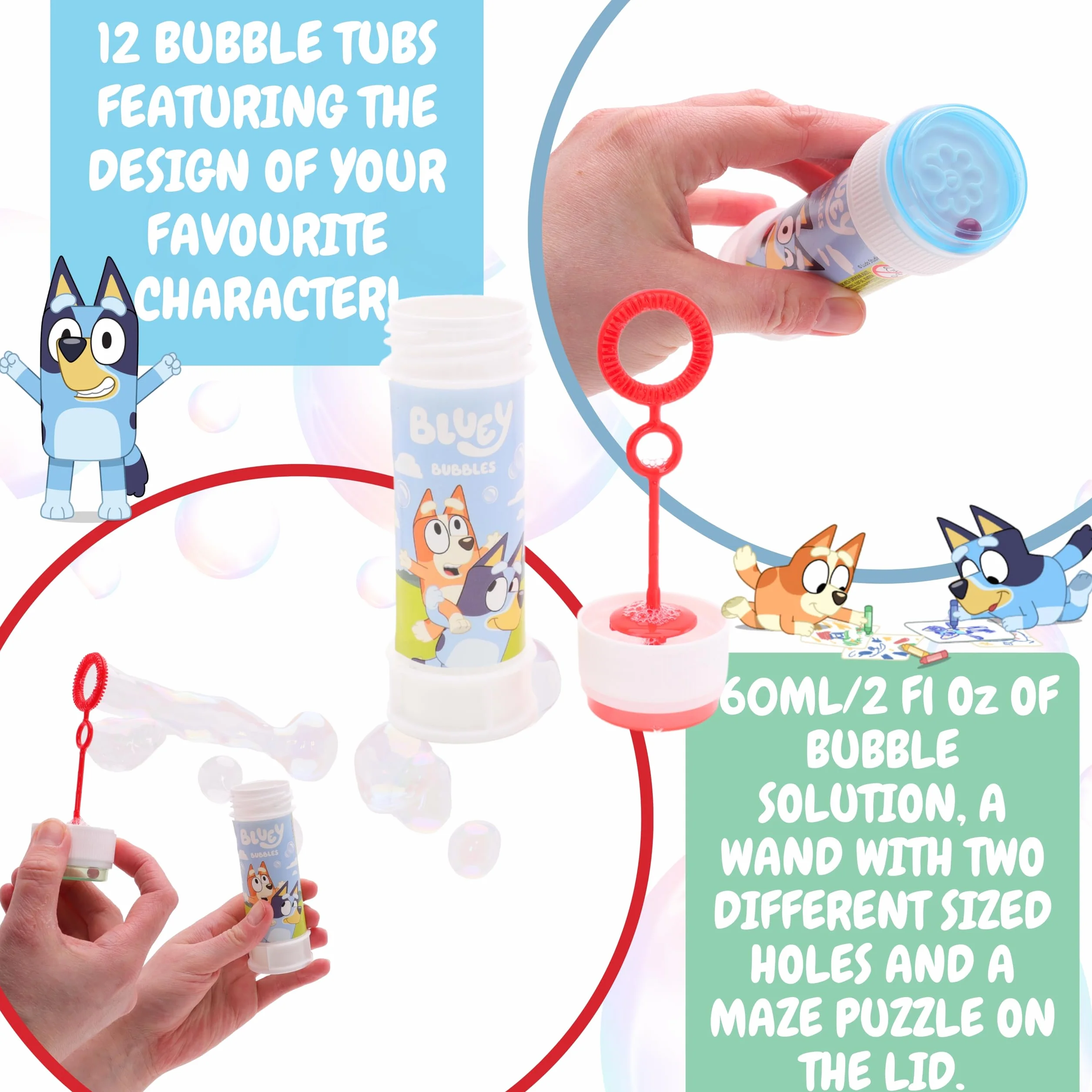 Toyland® Pack de 12 Bluey Botes de Burbujas con Varitas, Solución de 60ml y Tapa de Laberinto Novedosa - Juguetes para bolsitas de Fiesta y Dinero de Bolsillo