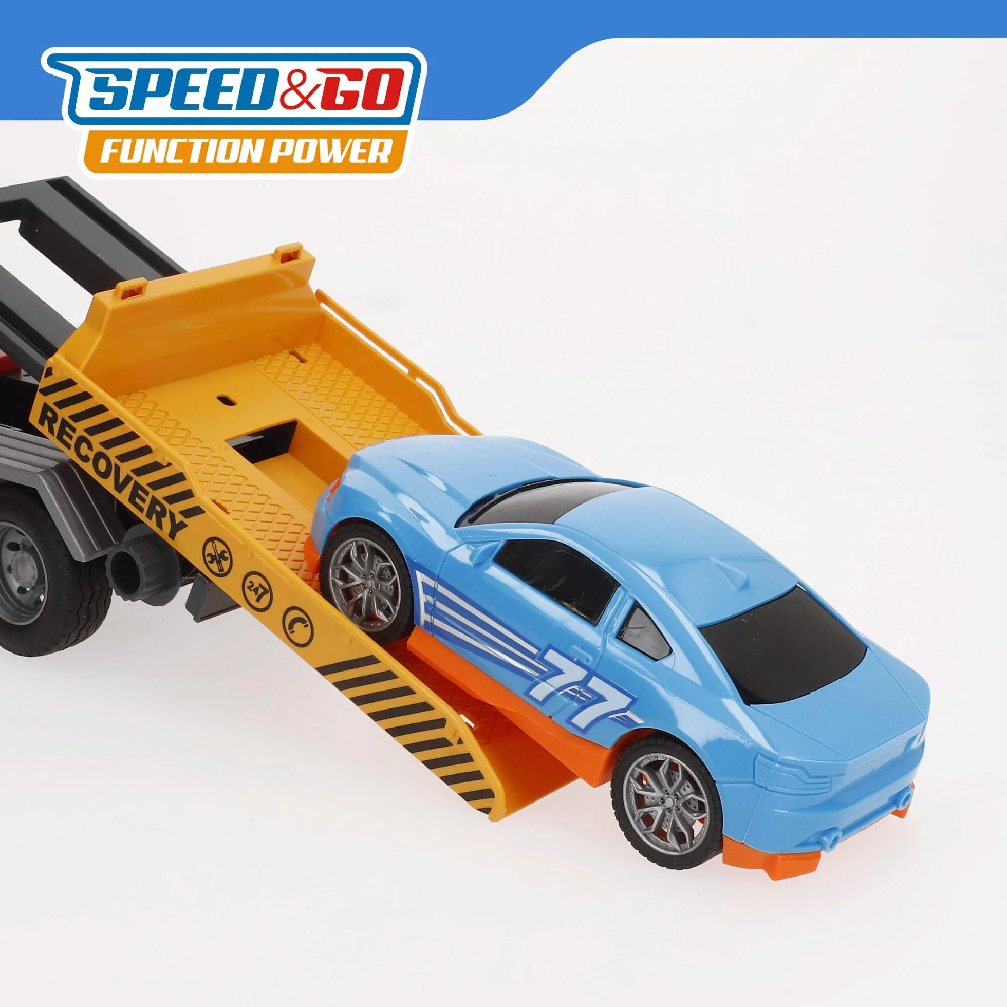 ColorBaby 39058 Speed & Go Camión grúa Juguete, con Luces y Sonidos, Brazo Extensible, Interactivo, Sistema de fricción, Escala 1:10, Coches para niños a Partir de 3 años