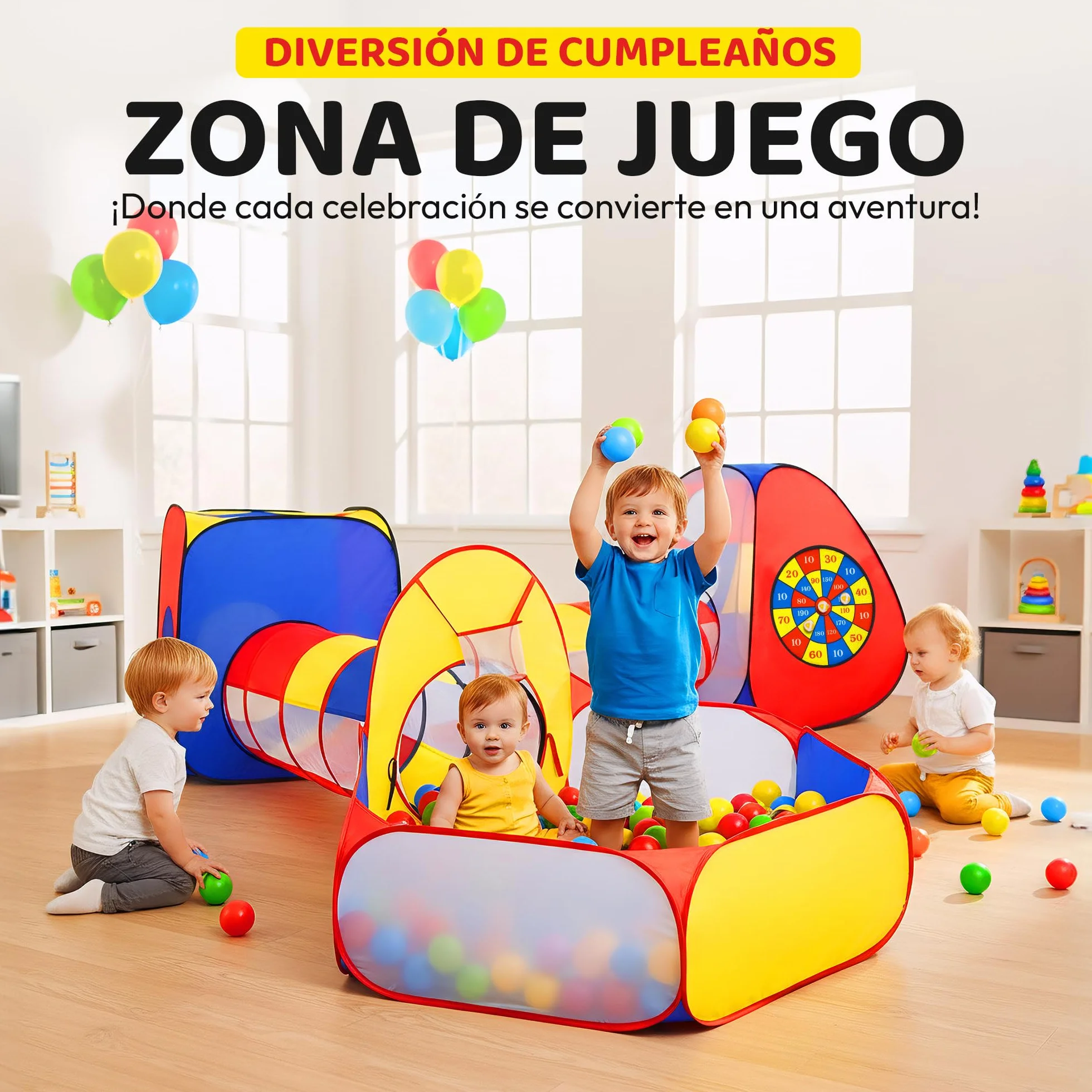 all Kids United® Tienda de campaña con túnel, Piscina de Bolas, túnel para Gatear y más (sin Bolas) XXL playland casa de Juegos Pop-up de 5 Piezas con Bolsa