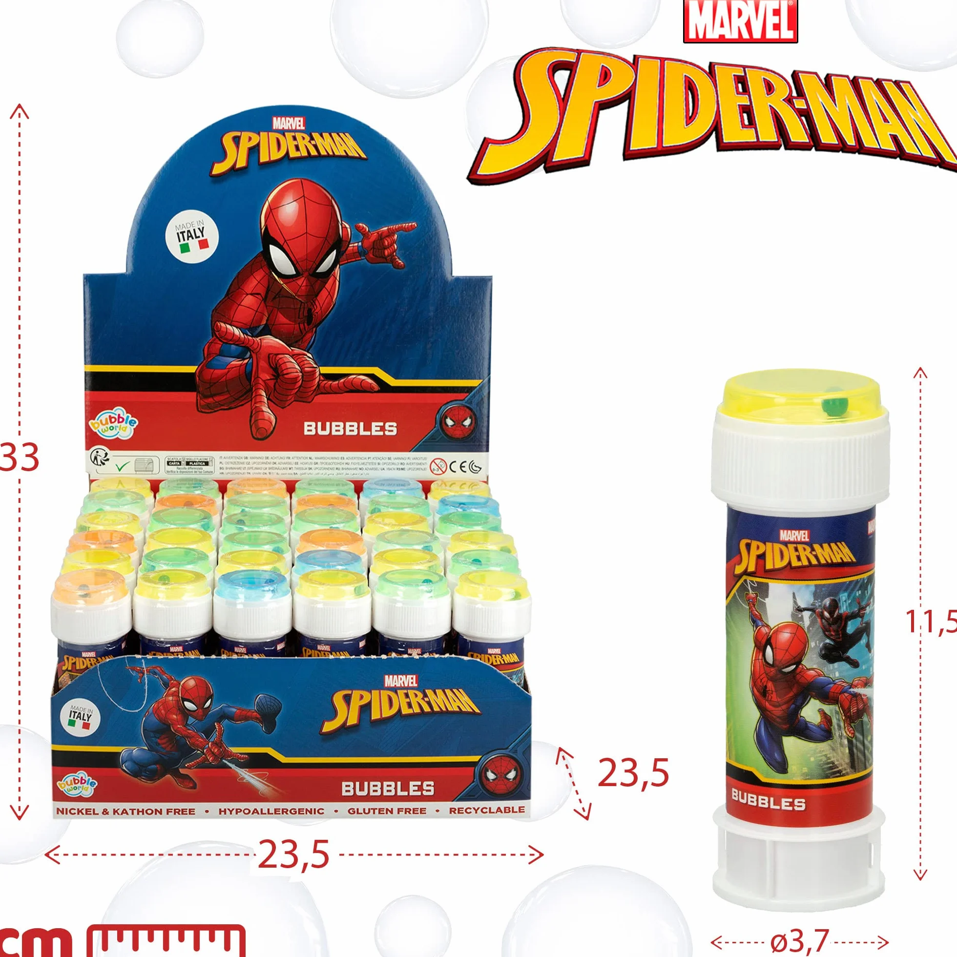 COLORBABY Pack 36 pomperos Spiderman 60 ml, Regalos cumpleaños para niños, decoración Infantil, Juguete Burbujas jabón (22985)