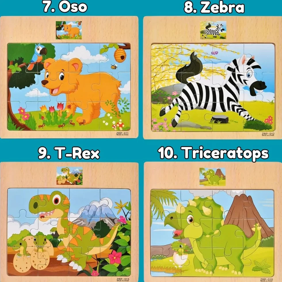 Pack 10 Puzzle Madera, Puzzles Infantiles Niños 3 a 8 Años, Juguetes Educativos, Regalos Cumpleaños Niños, Set de 10 Rompecabezas con Dinvertidos Animales (Pack 10 Puzzles)