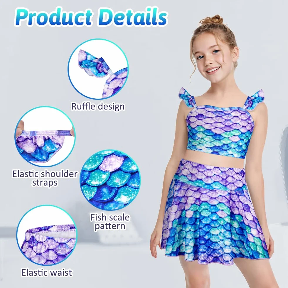 Conjunto de Bikini para Niñas 3 Piezas Traje de Baño con Volantes y Falda Bañador Infantil Playa