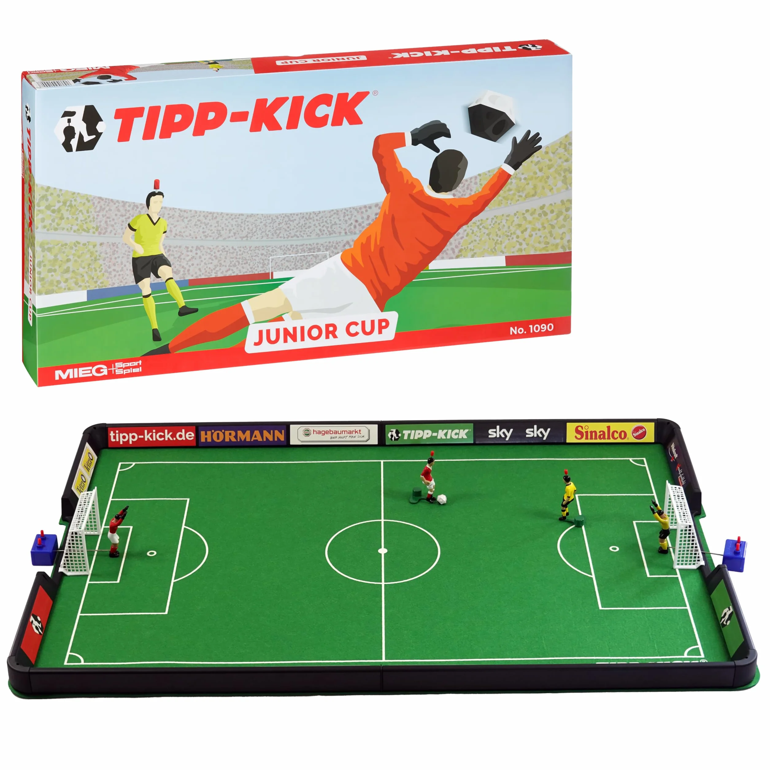 TIPP-KICK Junior Cup con Borde 82x56 cm – Futbolín Listo para Jugar con 2X Jugadores, 2X guardametas, 2X porterías de plástico, 2X balones I Terreno de Juego Hecho de Fieltro