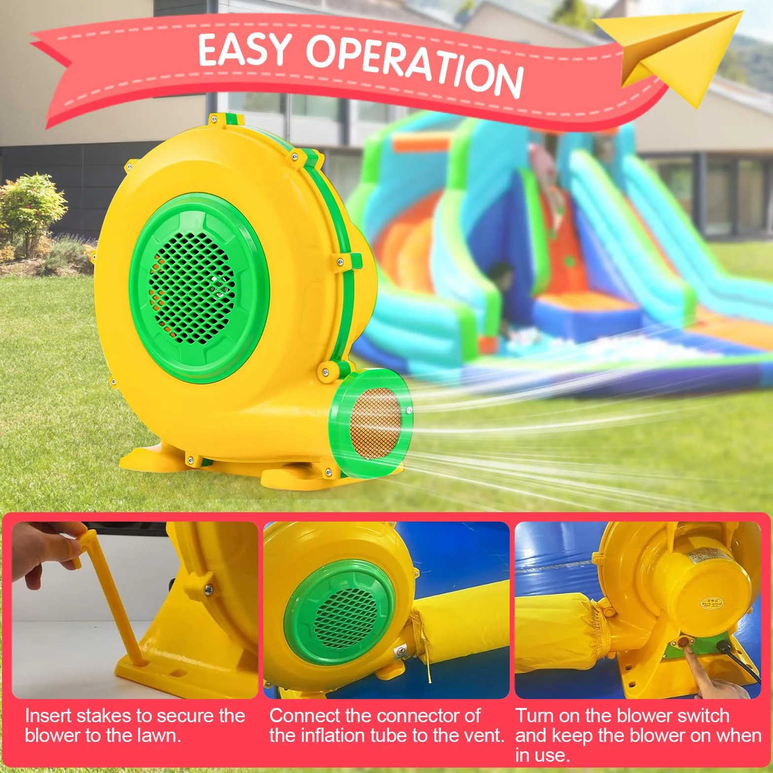 750W Soplador Eléctrico y Bomba de Aire con Mango y Estacas, Ventilador de Extracción Comercial para Castillo Hinchable, Castillo Inflable, Tobogán de Agua