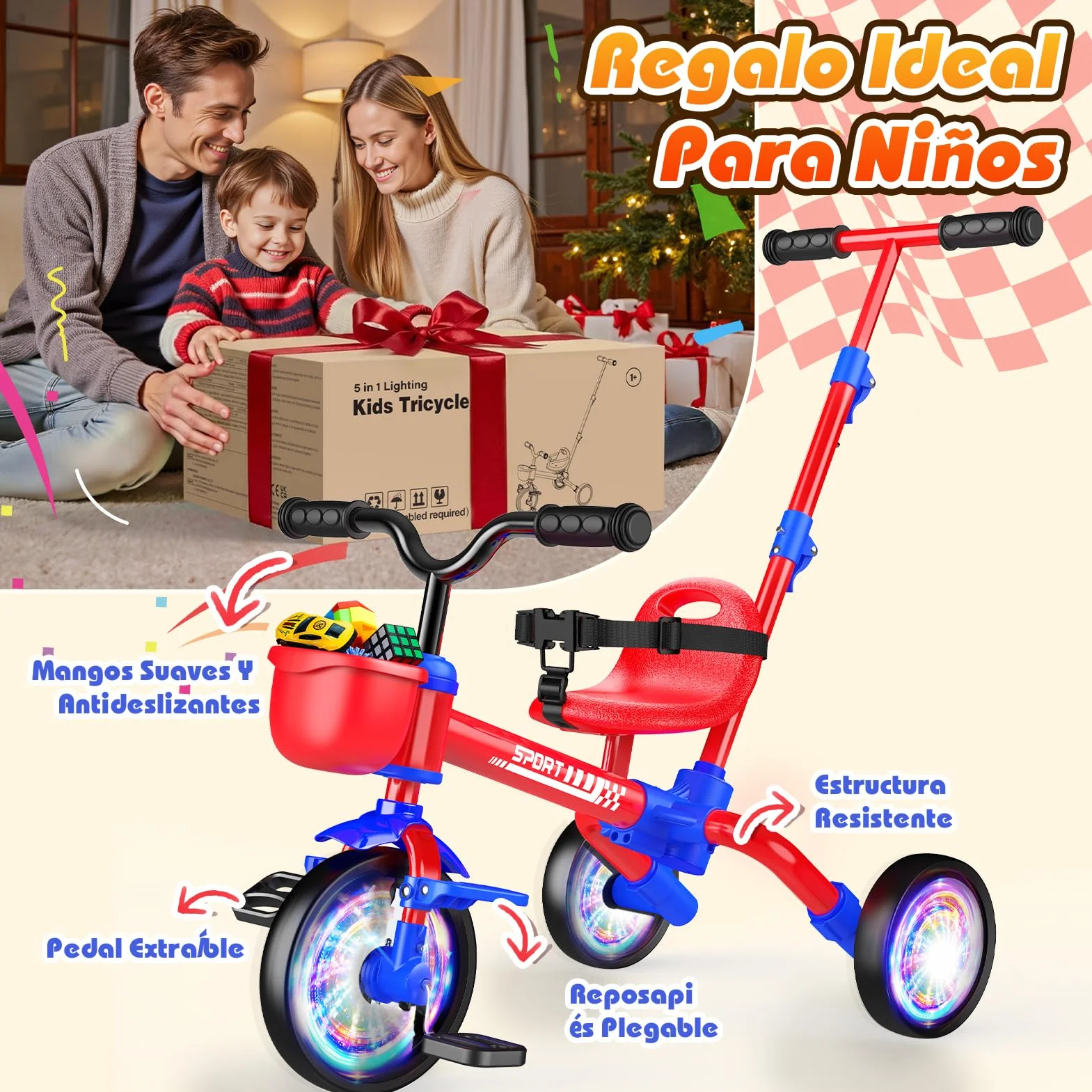 HappyGoLucky Triciclo 5 En 1 Evolutivo Bebe, Bici Bicicleta Niñas 1-3 Años-Ruedas Luminosas/Asa Parental/Asientos&Pedales Regulables