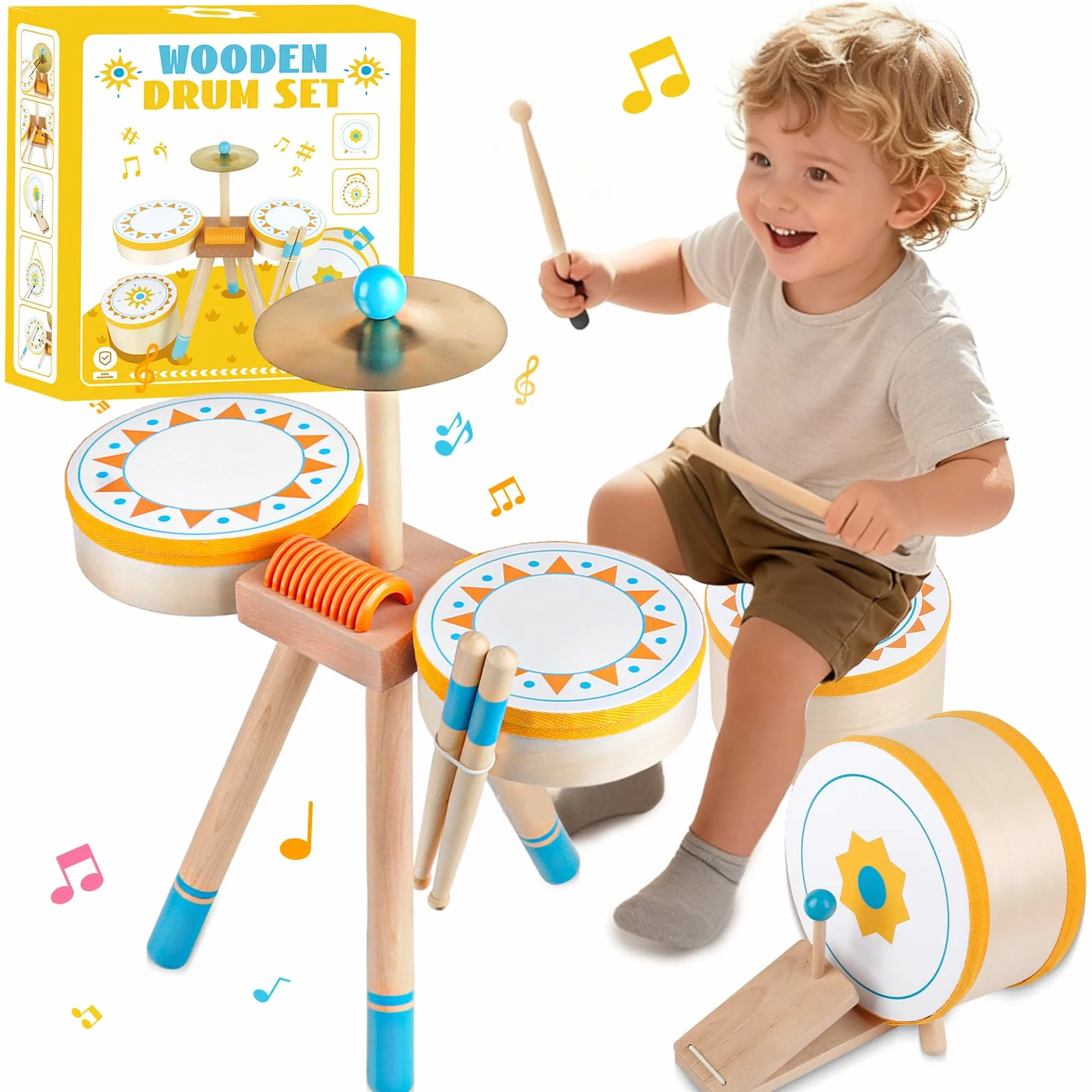 Tambor Montessori para Bebés de 1+ Año | Set de Tambores Educativo de Madera para Niños Pequeños 1-3 Años | Instrumentos Musicales para Bebés, el Regalo Cumpleaños/Navidad para Niños y Niñas