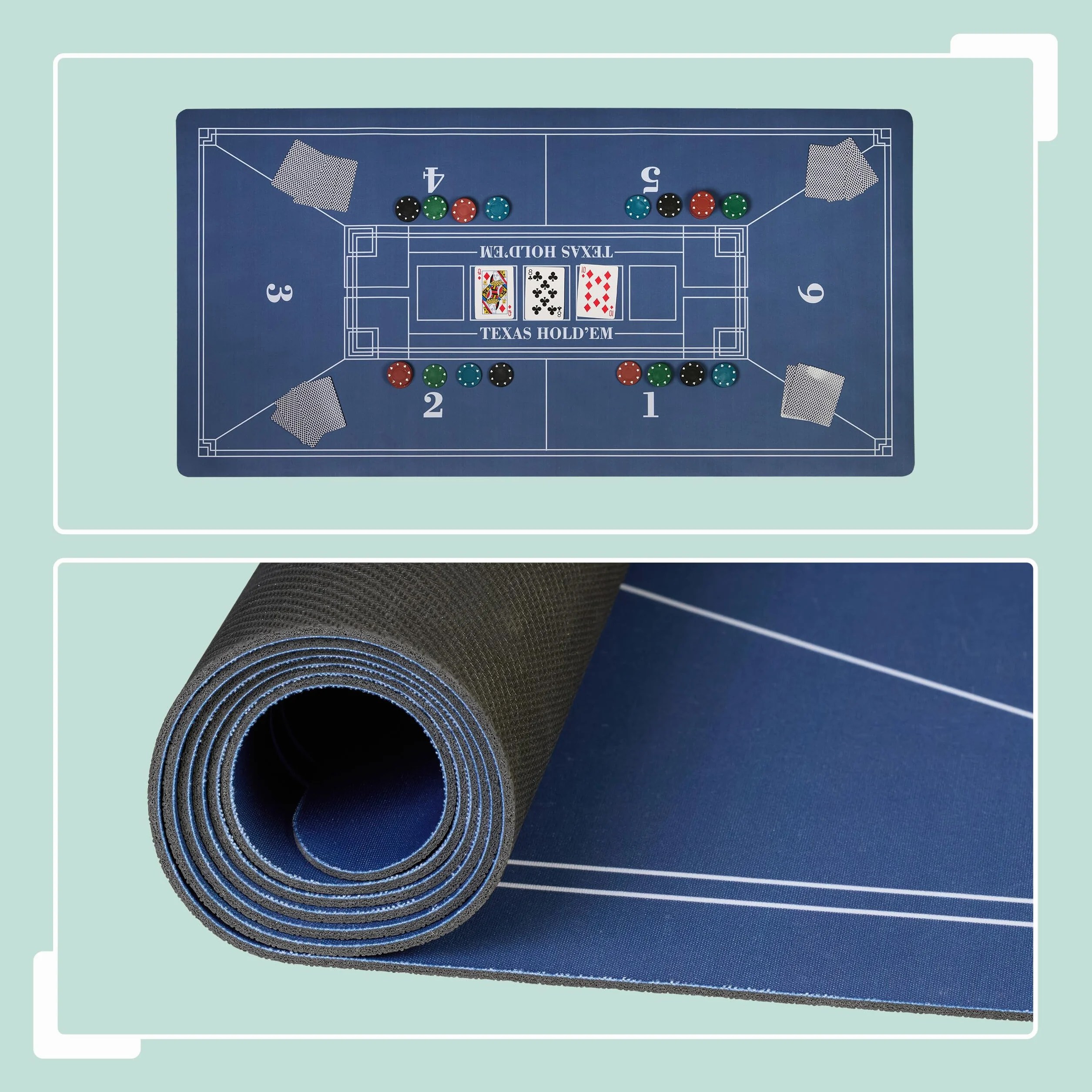 Relaxdays Tapete Póquer, 120 x 60 cm, Mantel Poker Texas Hold'em, Alfombrilla Antideslizante, Bolsa, 6 Jugadores, Azul