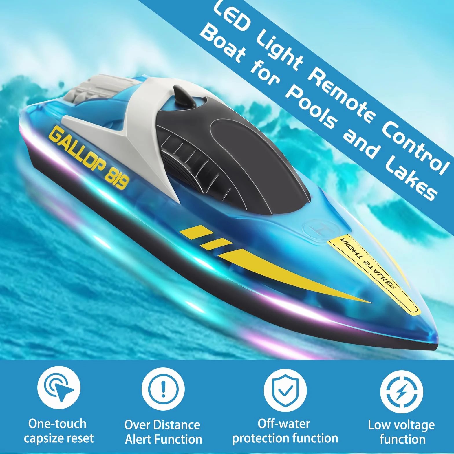Lancha Teledirigida con Luces LED, 2.4GHz Totalmente Proporcional Barco Teledirigido, Autoenderezamiento Barco RC, para Niños y Adultos, Piscina, Lago, Estanque
