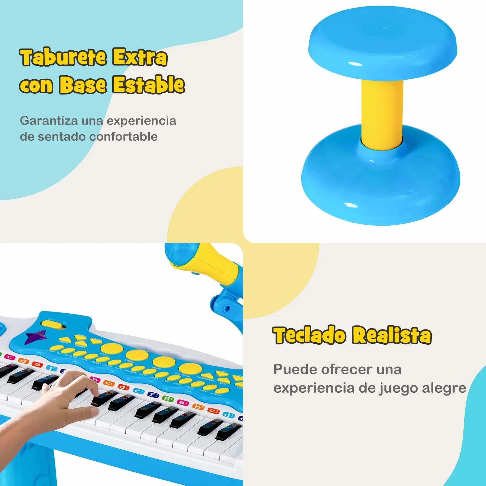 COSTWAY Teclado Piano Infantil de 31 Teclas, Juguete Musical Piano Infantil para Niños con Efectos de Luz, Múltiples Sonidos, Micrófono y Taburete, Órgano Electrónico Educativo para 3＋Niños (Azul)