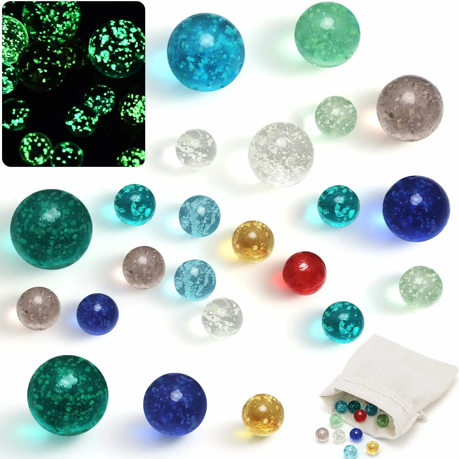 20 Canicas de Cristal, 16 mm/25 mm/30 mm, Brillan en la Oscuridad, Bolsa de Cordon, Juegos de Canicas, Proyectos de Bricolaje para Ninos, Decoracion del Hogar, A partir de 8 Años