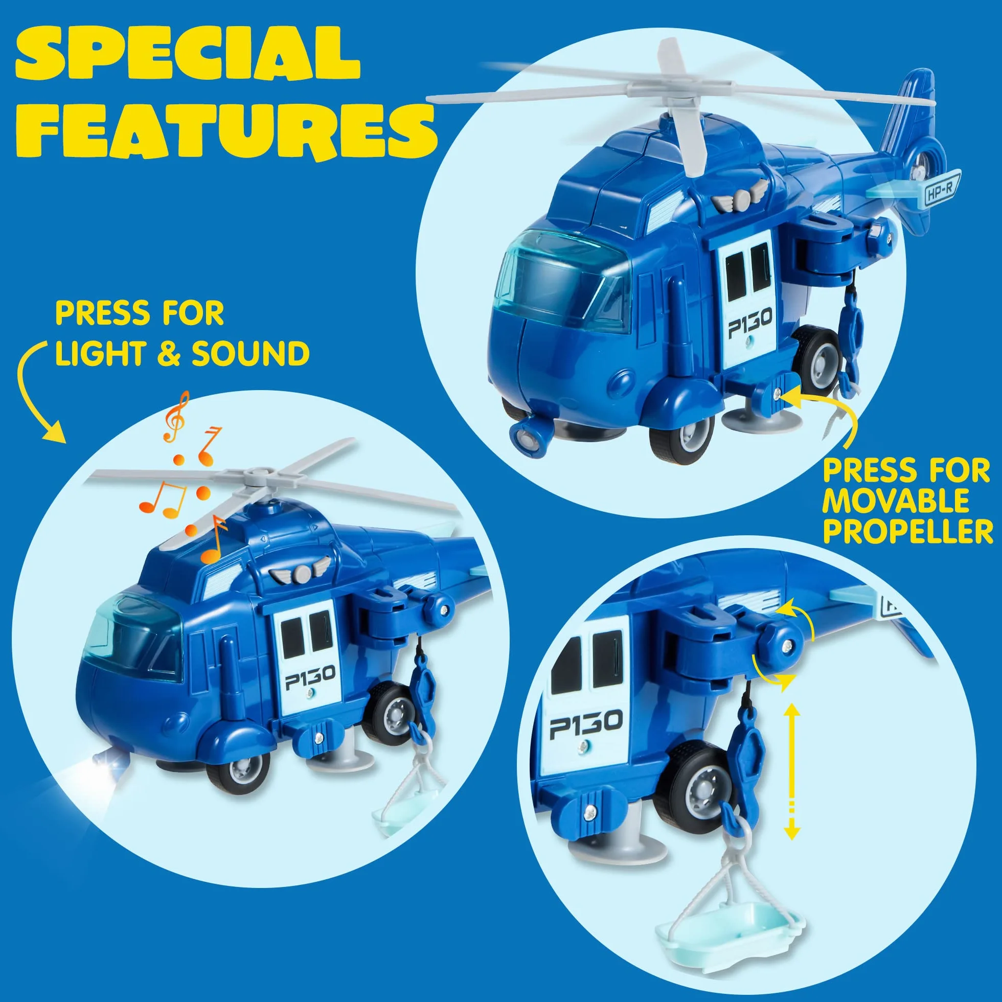 JOYIN Juego de 4 héroes urbanos impulsados por fricción Que Incluye camión de Bomberos, Ambulancia, Coche de policía y helicóptero, vehículos de Emergencia con luz y Sonido