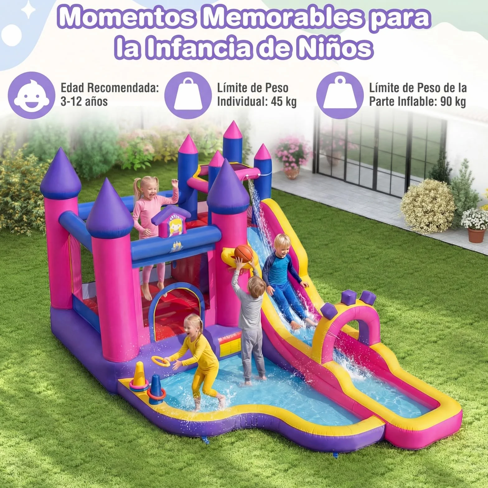 COSTWAY Castillo Hinchable para Niños, Parque Infantil Acuático Tema de Princesas con Tobogán Largo, Canasta de Baloncesto, insuflavel criança para Niños, Jardín, Césped, 460x290x245 cm (sin Soplador)