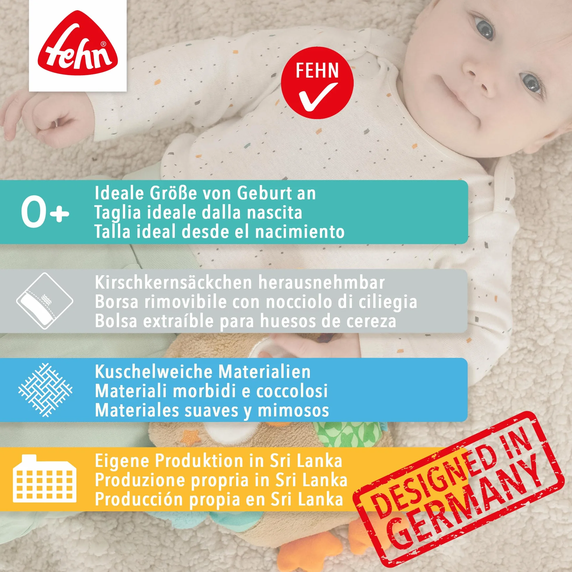 Fehn Kirschkernkissen Chamäleon – Kuschelkissen mit entnehmbarem Wärme-/ Kältesäckchen für Babys und Kleinkinder