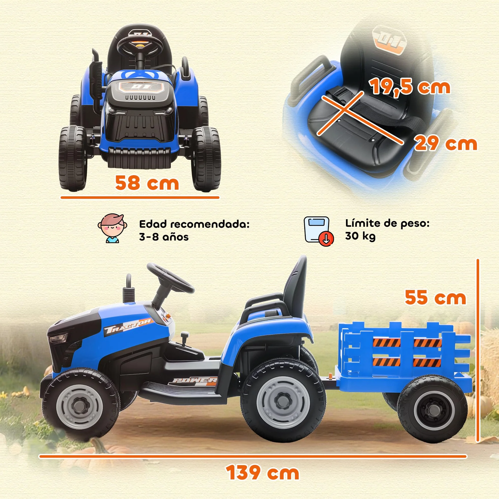 AIYAPLAY Tractor Eléctrico para Niños 12V con Remolque Desmontable, Control Remoto 2,4G, Azul