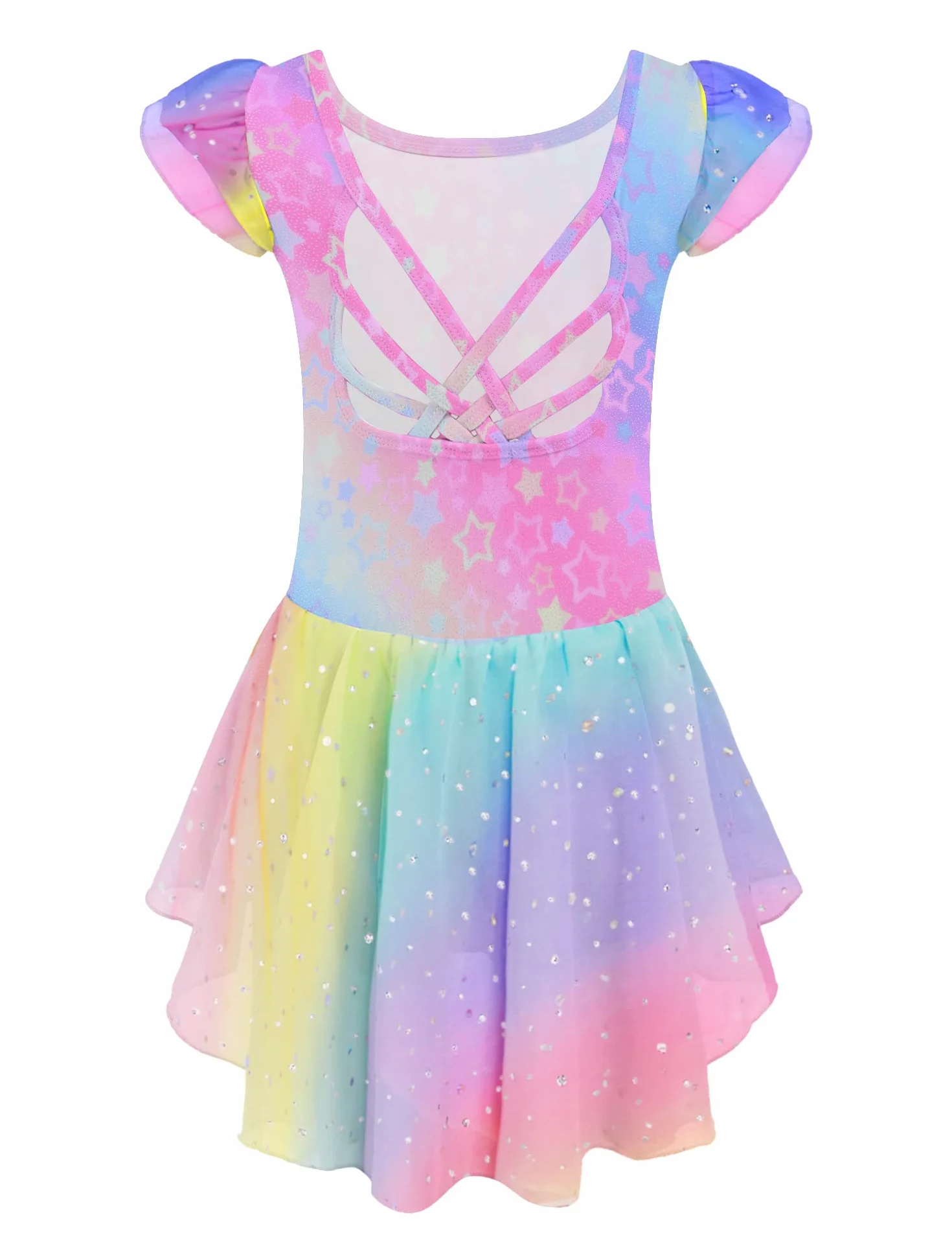 Arshiner Traje de Ballet para Niñas Sin Espalda Manga Corta Mono de Algodón con Falda Irregular Lentejuelas