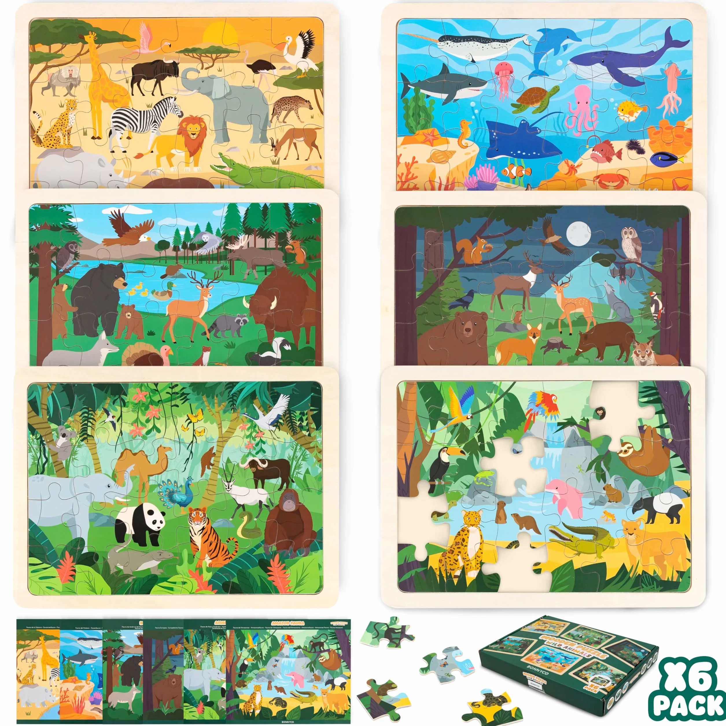 BONNYCO Puzzle Madera para Niños 6 Sets 24 Pcs, Animales Ecosistemas, Juguetes Educativos 3-8 Años