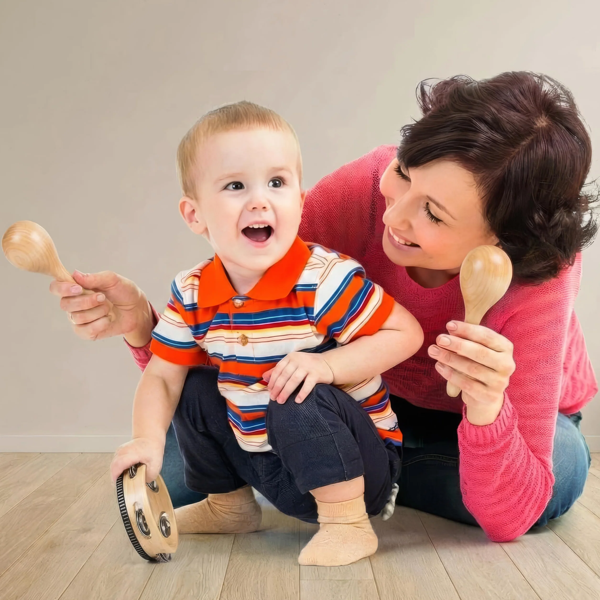 Set de Instrumentos Musicales de Madera Stoie’s para Niños de 1-9 Años – Tambor, Flauta, Maracas, Campanitas, Castañuelas, Pandereta, Juguete Montessori Educativo, Seguro, con Bolsa de Algodón
