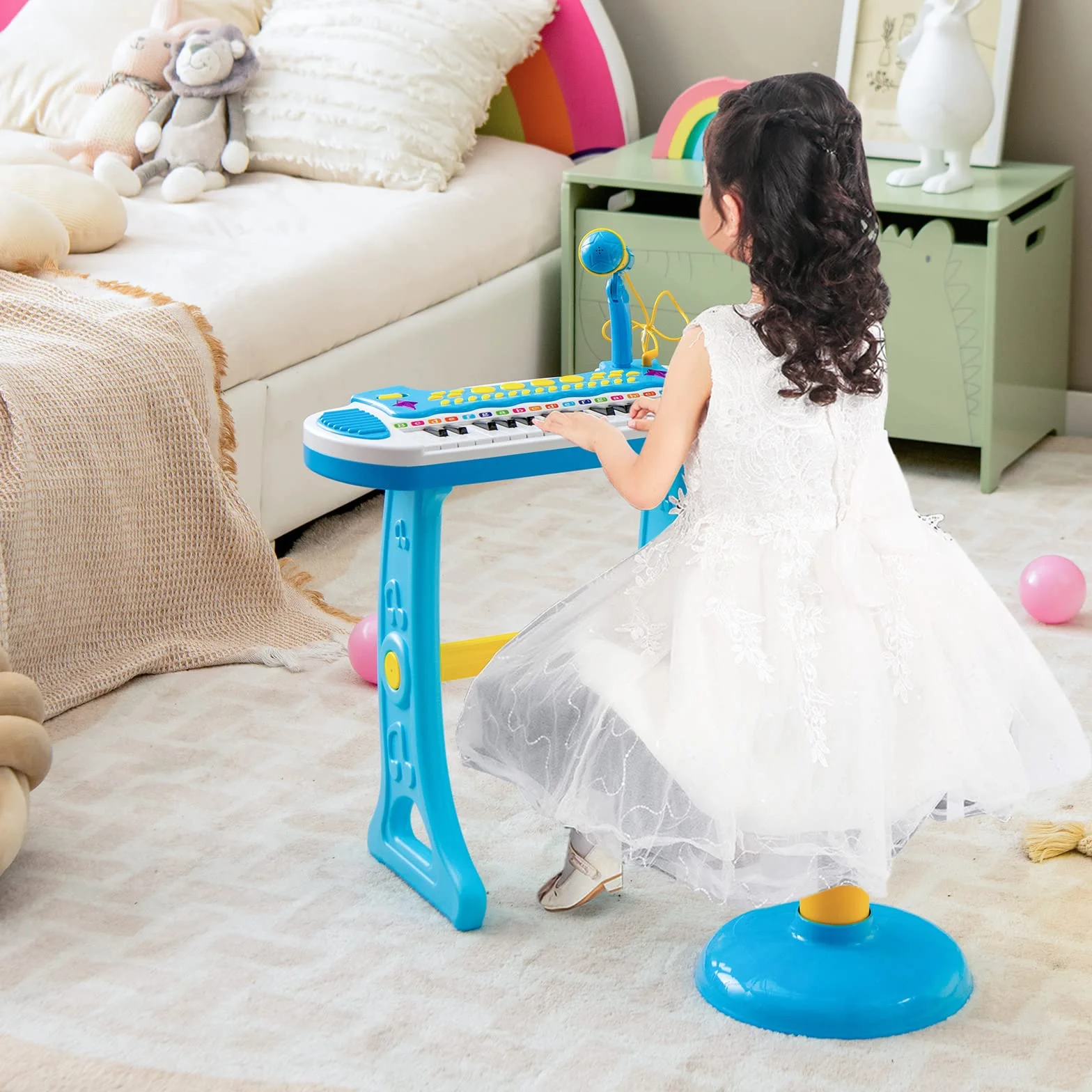 COSTWAY Teclado Piano Infantil de 31 Teclas, Juguete Musical Piano Infantil para Niños con Efectos de Luz, Múltiples Sonidos, Micrófono y Taburete, Órgano Electrónico Educativo para 3＋Niños (Azul)