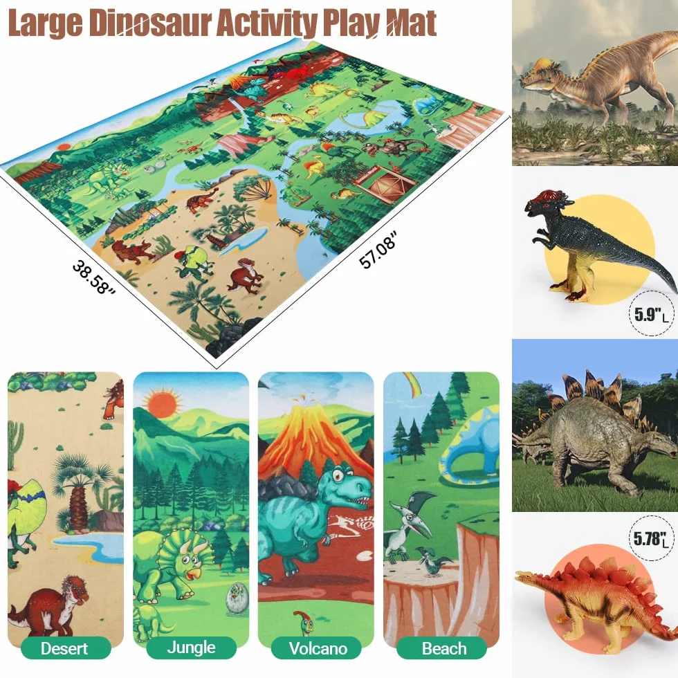 FRUSE Dinosaurios Juguetes con 145x98cm Tapete de Juego,12 Figuras de Dinosaurio Realistas con T-Rex,Carnotaurus,Libro de Dinosaurio,Jurassic Dinosaurios World Regalo para Niños y Niñas 3 4 5 6 7