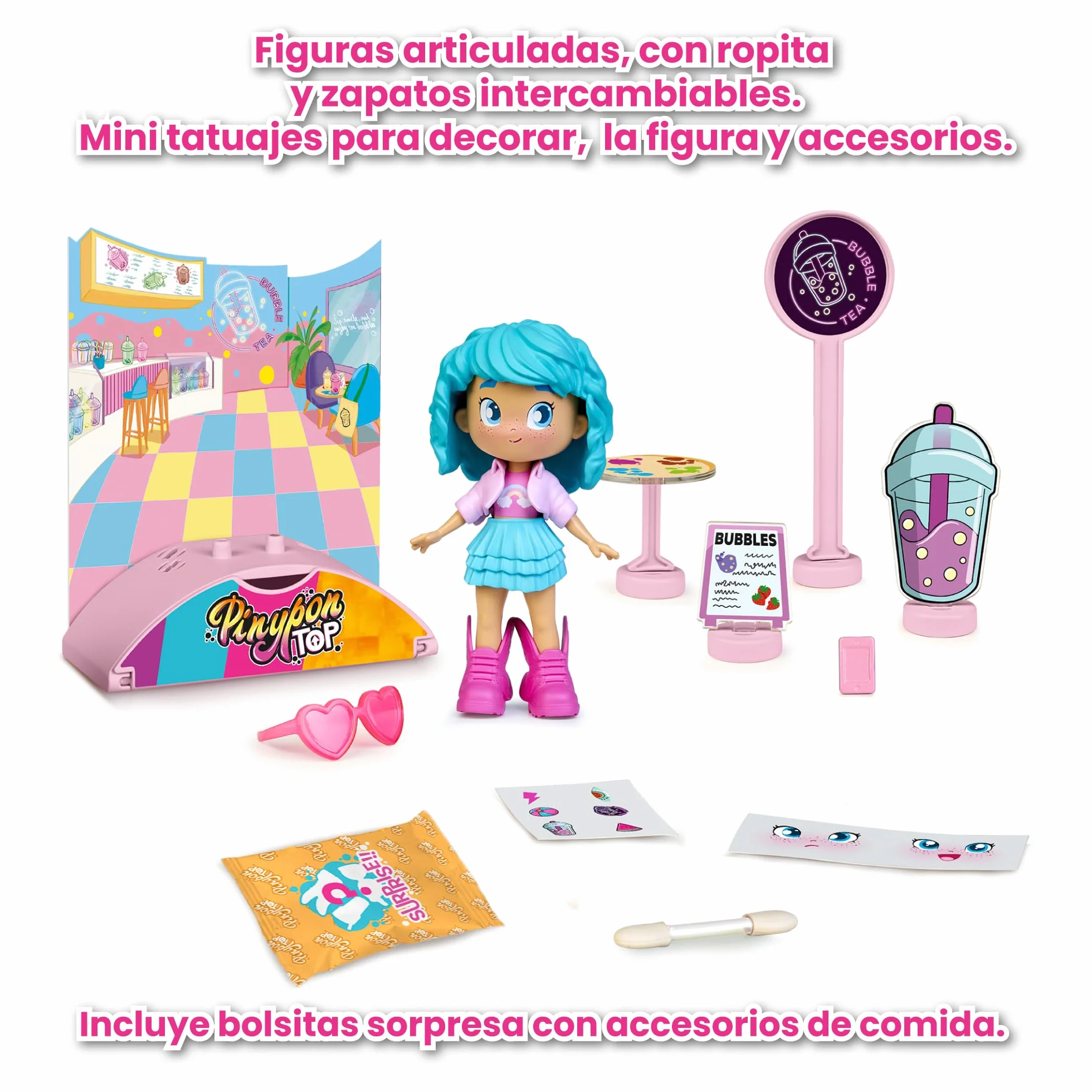 Pinypon TOP Bubble Tea Girl, Chica TOP con Temática Té de Burbujas, Figura Articulada de Brazos y Piernas, Doble Cara y Ropa y Zapatos Intercambiables, Sobre con Accesorios, +4 años, Famosa (PNN01300)